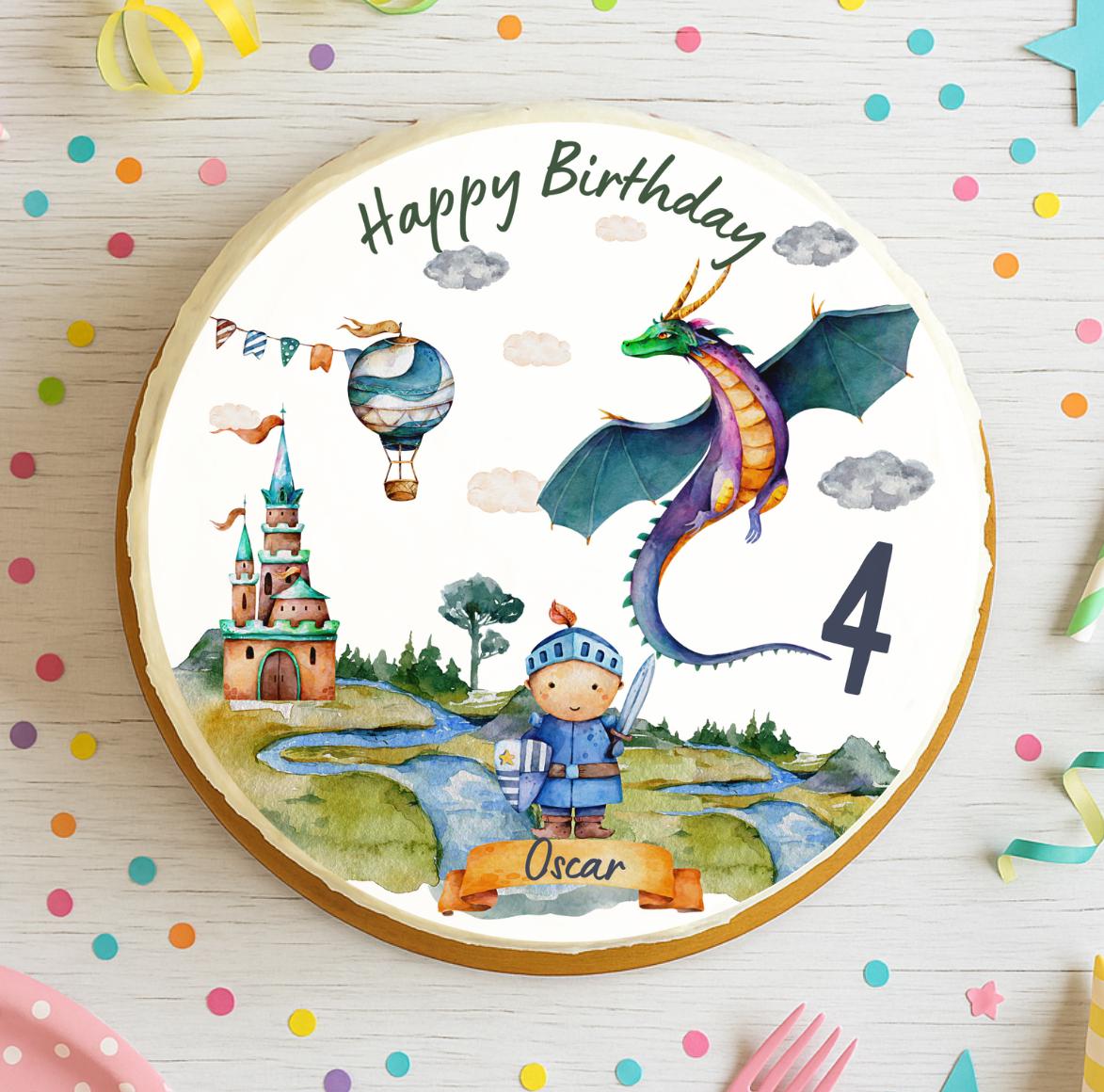 Tortenaufleger Ritter & Drache – Fondantbild mit Name und Zahl – essbare Deko für geburtstag und Ritterparty – Party Decor