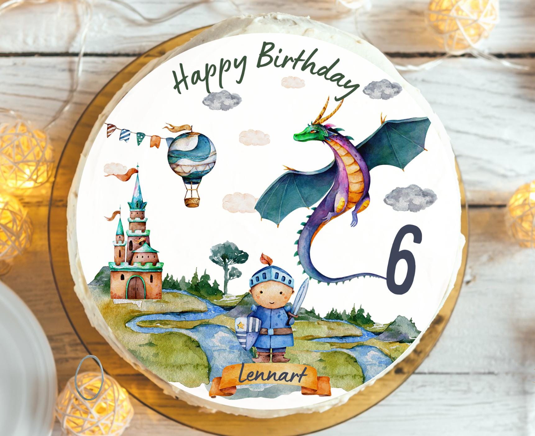 Tortenaufleger Ritter & Drache – Fondantbild mit Name und Zahl – essbare Deko für geburtstag und Ritterparty – Party Decor