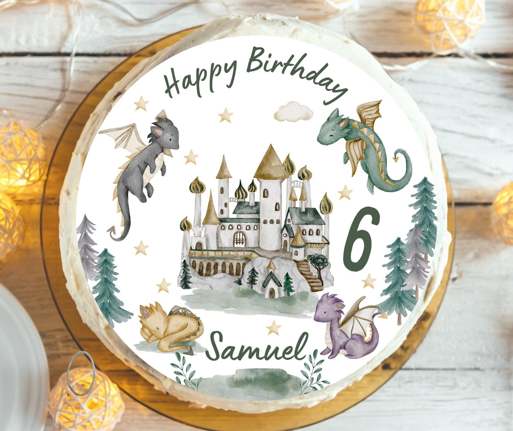 Tortenaufleger Drache Schloss – Fondantbild mit Name & Zahl – Geburtstag – Märchenhafte Tortendeko für Fantasy Mottoparty – Party Decor