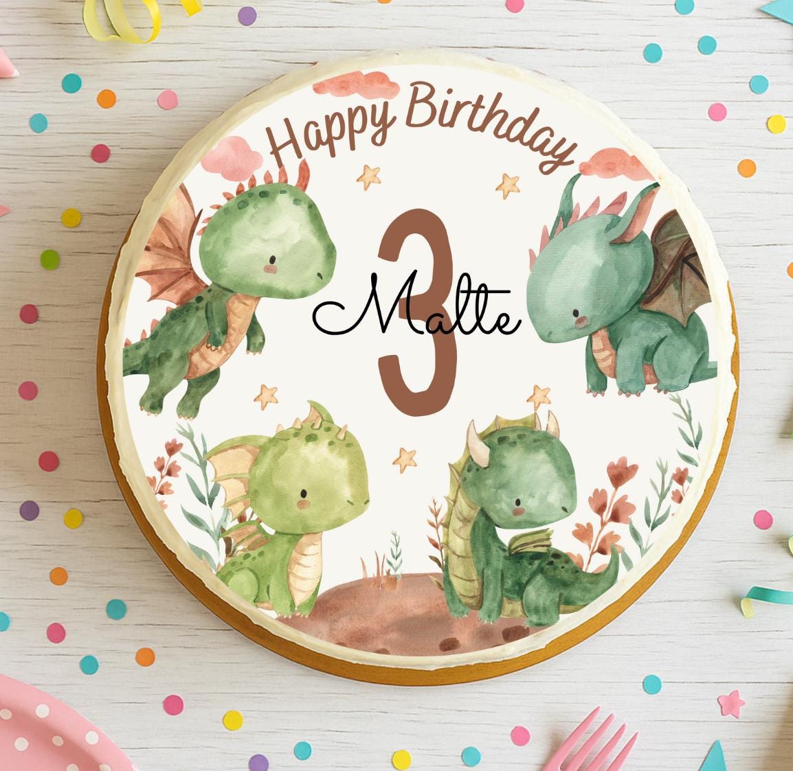 Tortenaufleger Drache Geburtstag – Fondantbild mit Name & Zahl – personalisierte Tortendeko – grüne Drachen und Naturmotiv – Party Decor