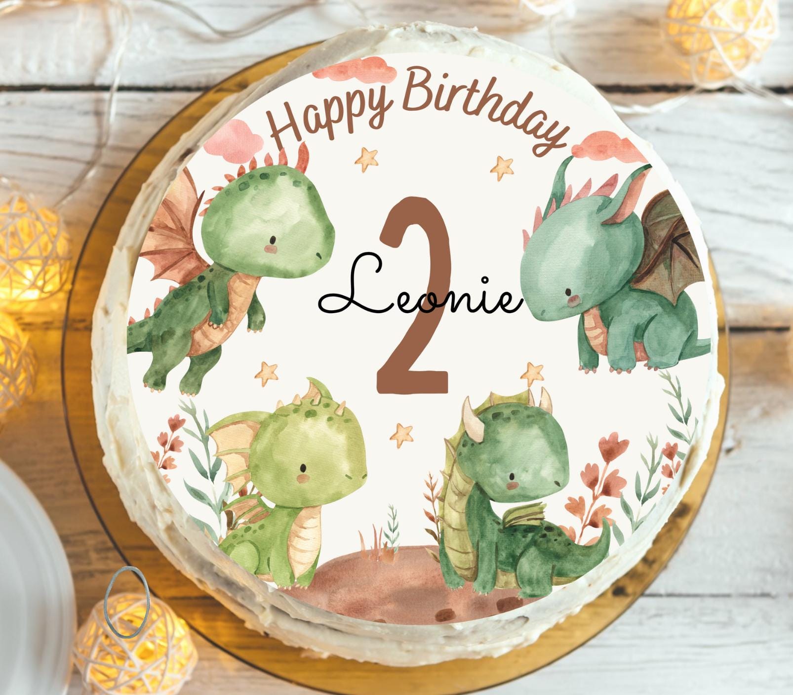 Tortenaufleger Drache Geburtstag – Fondantbild mit Name & Zahl – personalisierte Tortendeko – grüne Drachen und Naturmotiv – Party Decor