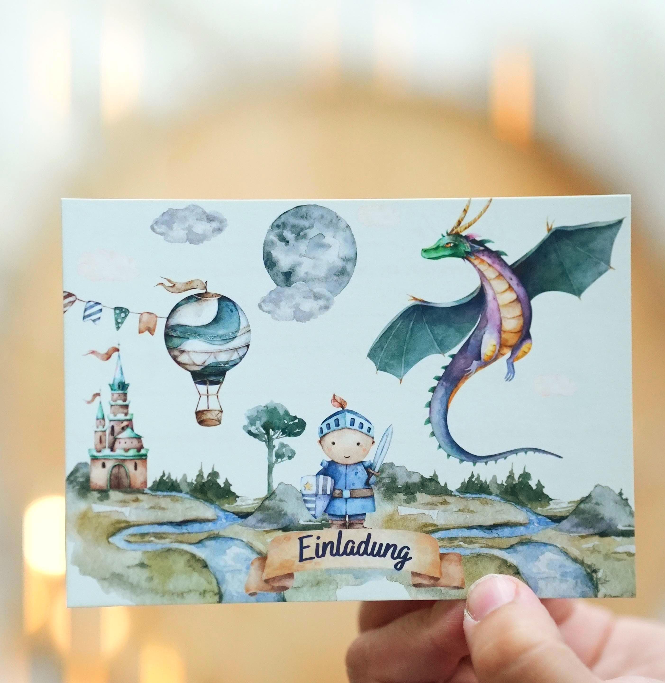 Einladungskarten Ritter Drache – 8 Stück für geburtstag – Burg & Abenteuer-Motiv – zum Selbstbeschriften – DIN A6 Set – Invitations