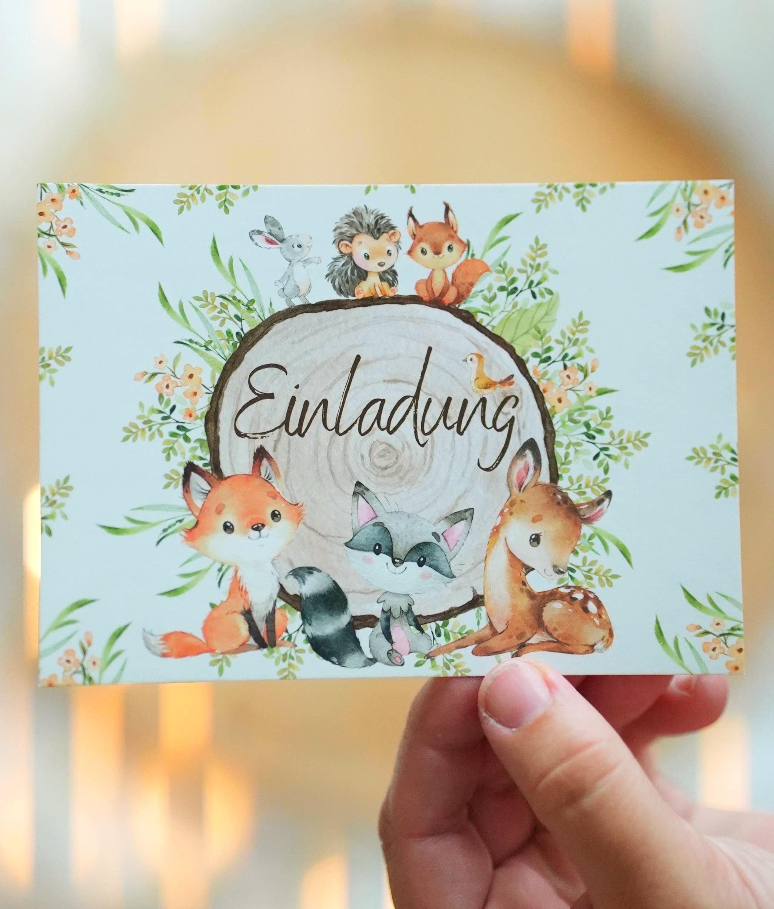 Einladungskarten Waldtiere geburtstag – 8 Karten DIN A6 – Fuchs, Reh, Igel – Waldparty Einladung – beschreibbar – Invitations