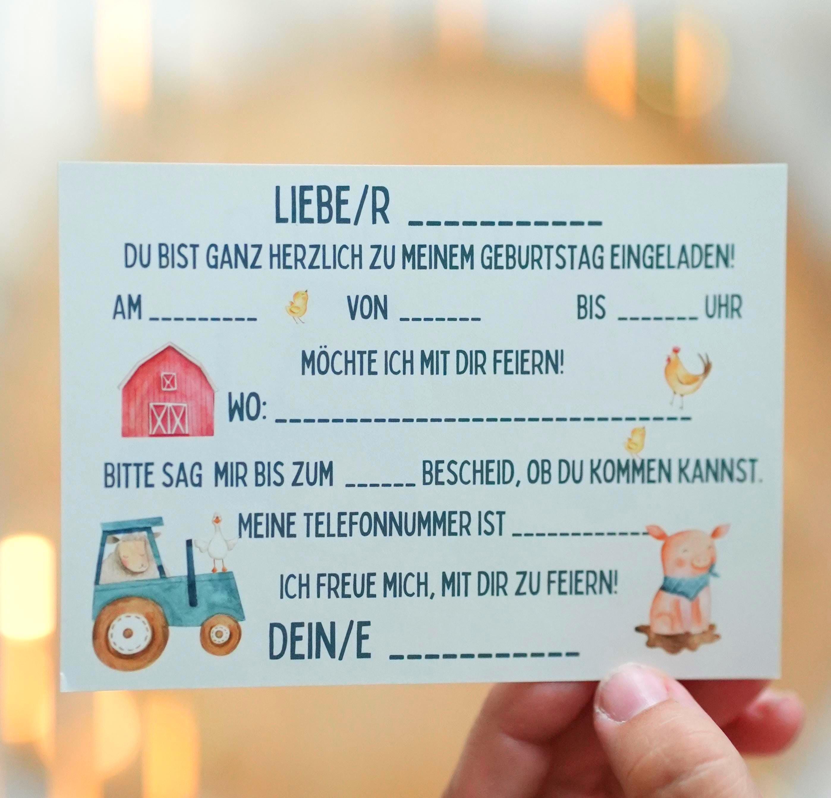 Einladungskarten Bauernhof geburtstag – 8 Karten DIN A6 – mit Traktor, Schwein, Huhn & Scheune – beschreibbar – Invitations