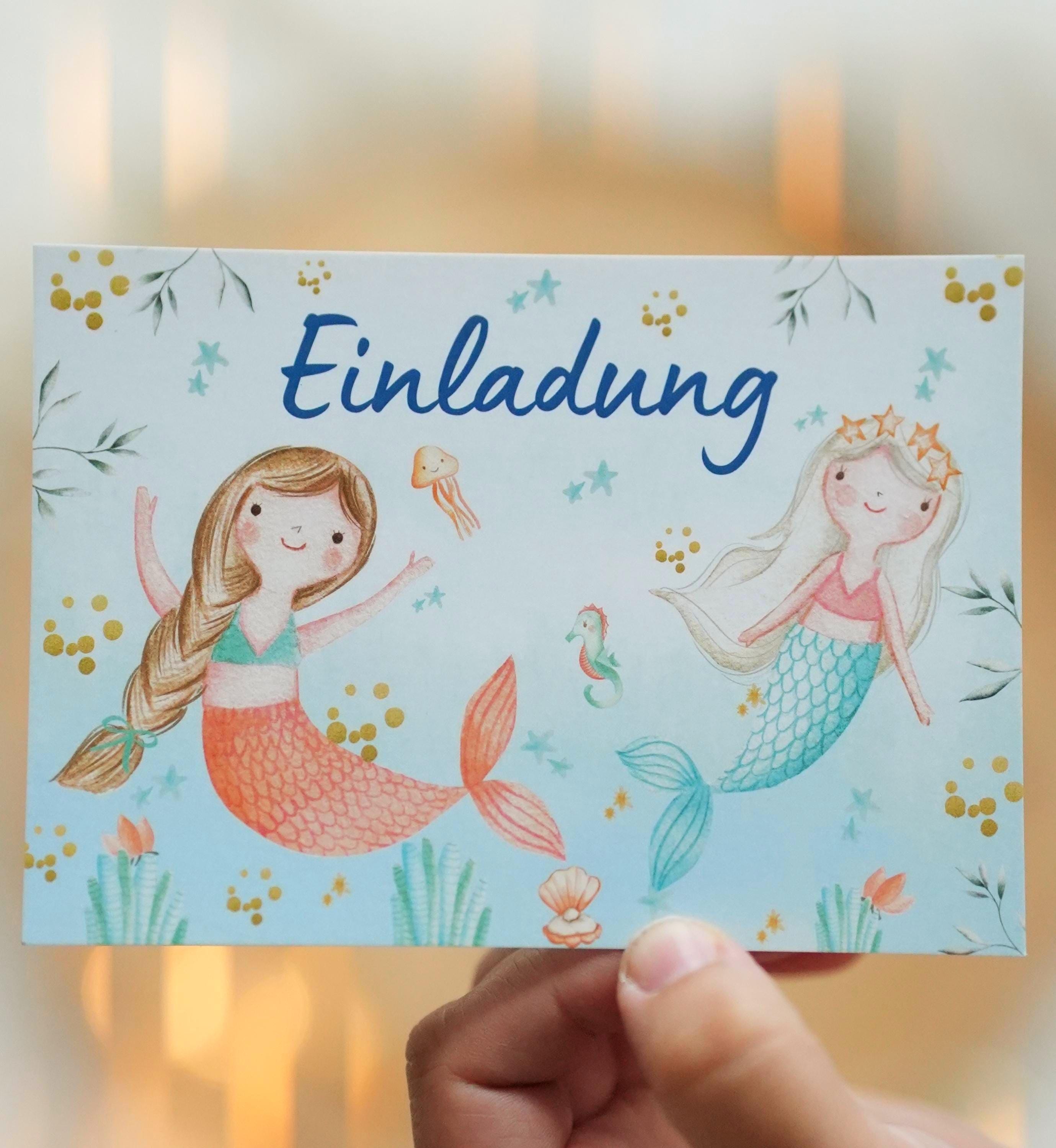 Einladungskarten Meerjungfrau geburtstag – 8 Karten DIN A6 – Unterwasserwelt mit Muscheln & Seesternen – zum Selbstbeschriften – Invitations