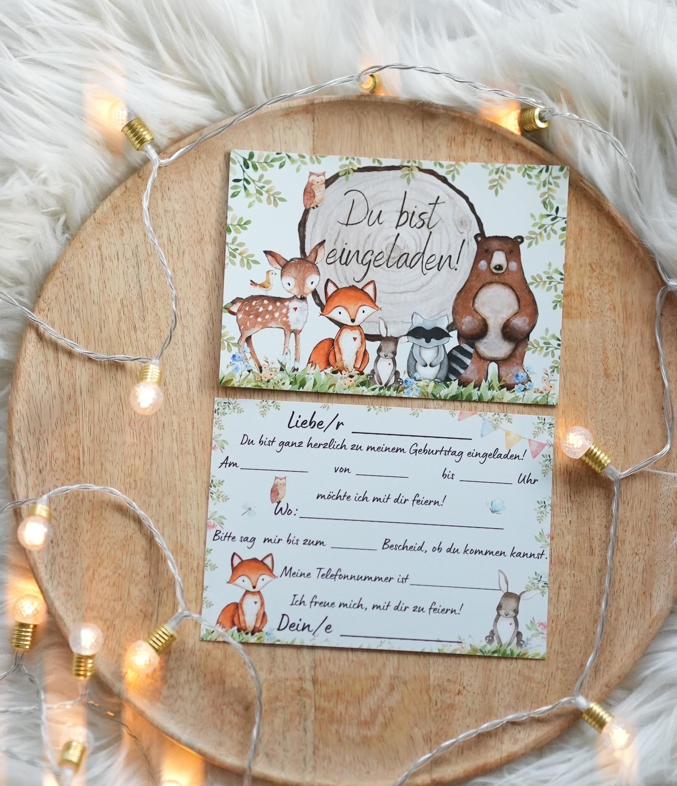 Einladungskarten Waldtiere Naturstil – 8 Karten geburtstag DIN A6 – mit Bär, Eule & Waschbär – beschreibbar – Holzscheibe Design – Invitations