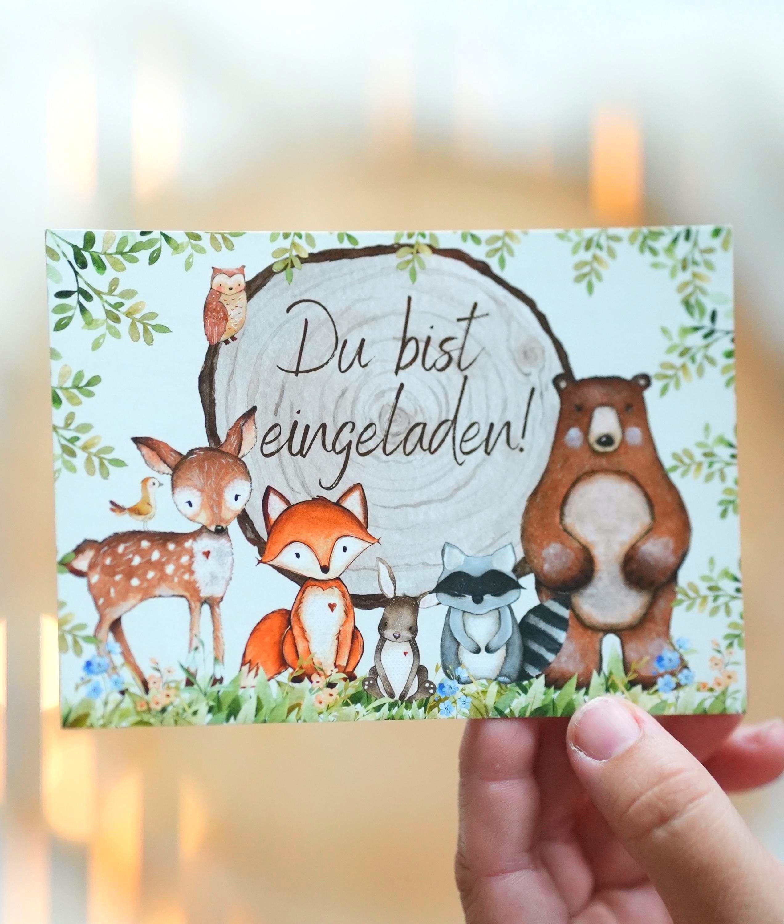 Einladungskarten Waldtiere Naturstil – 8 Karten geburtstag DIN A6 – mit Bär, Eule & Waschbär – beschreibbar – Holzscheibe Design – Invitations