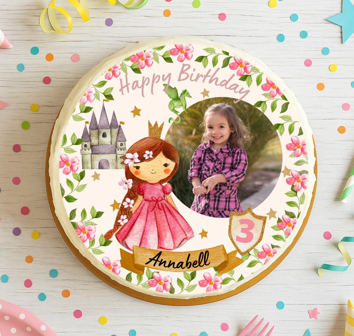 Tortenaufleger mit Foto Prinzessin personalisiert – Fondant Geburtstag – essbarer Aufleger mit Name und Zahl – Party Decor