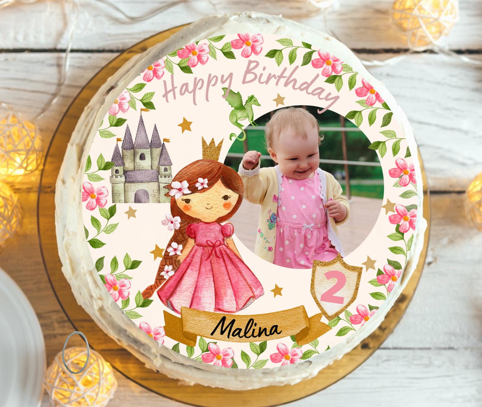 Tortenaufleger mit Foto Prinzessin personalisiert – Fondant Geburtstag – essbarer Aufleger mit Name und Zahl – Party Decor