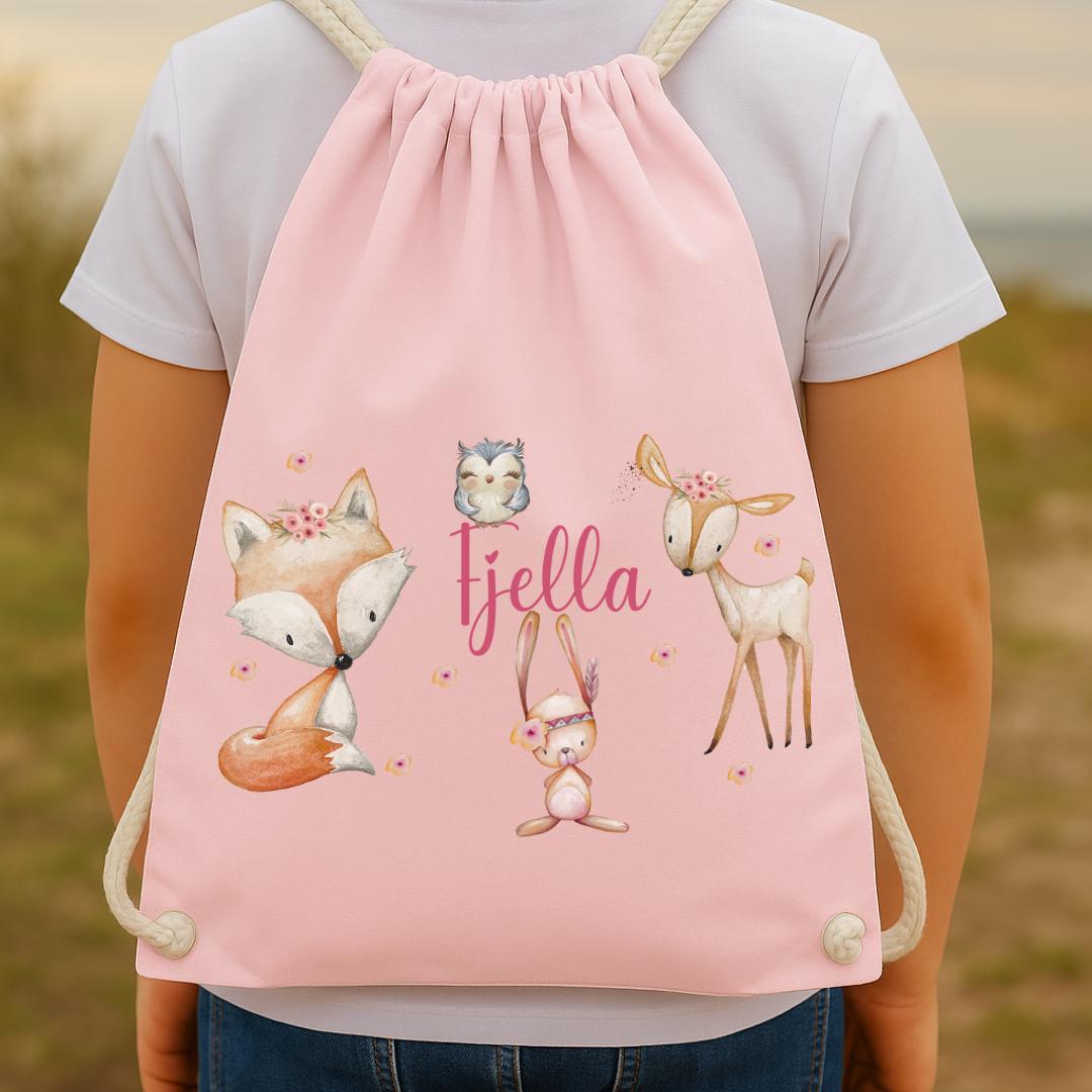 Waldtiere Turnbeutel mit Namen – Rosa Beutel Kita – Reh Fuchs Hase Eule – Geschenk Einschulung personalisiert – Team Sports & Gym Bags