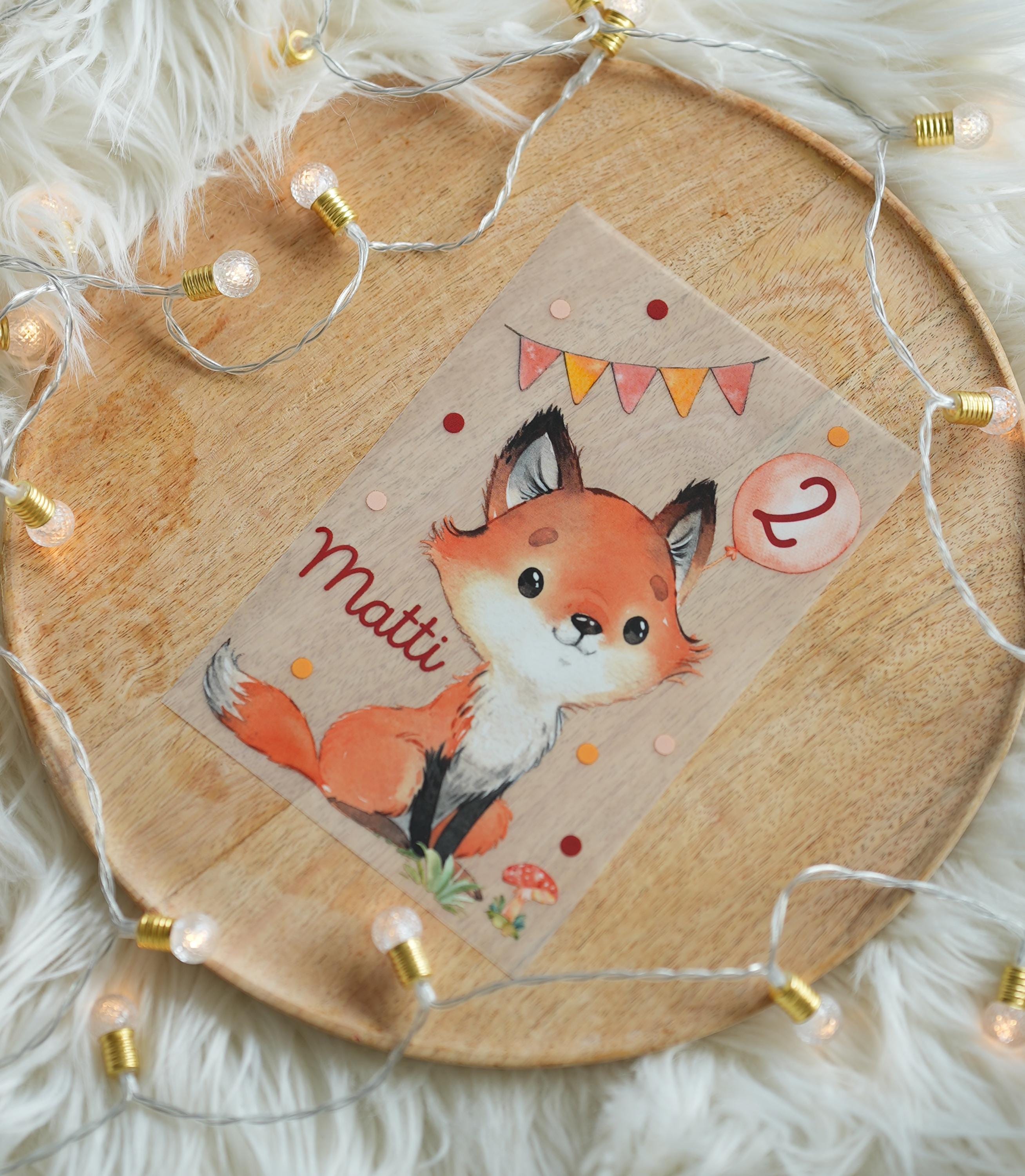 Bügelbild Fuchs für farbige ien – personalisiert mit Name & Zahl – Geburtstagsshirt – Fuchsmotiv n A4 oder A5 – Appliques & Patches