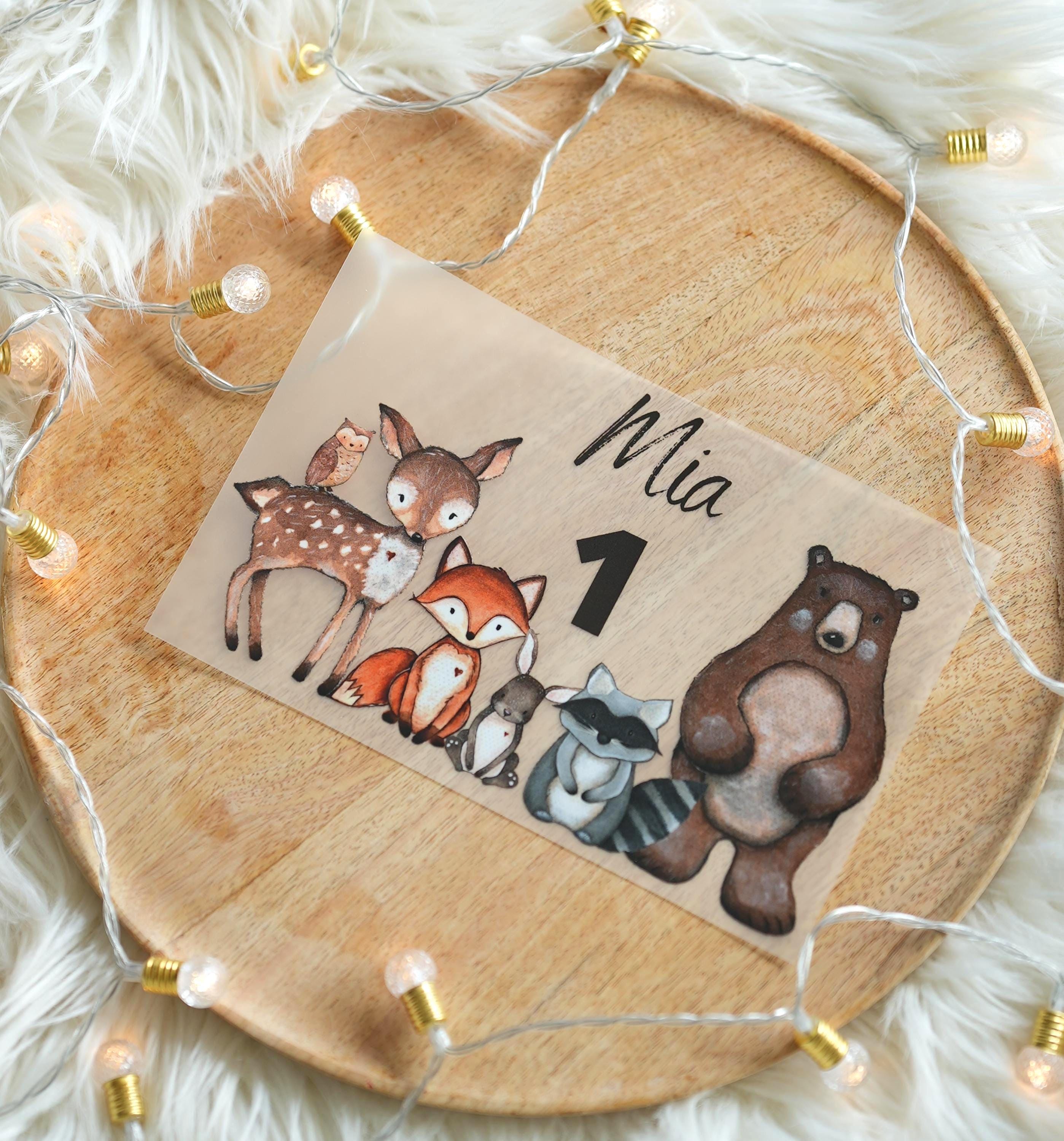 Bügelbild Waldtiere mit Name & Zahl – Geburtstagsshirt – für farbige ien – Fuchs Reh Waschbär Bär A4 oder A5 – Appliques & Patches