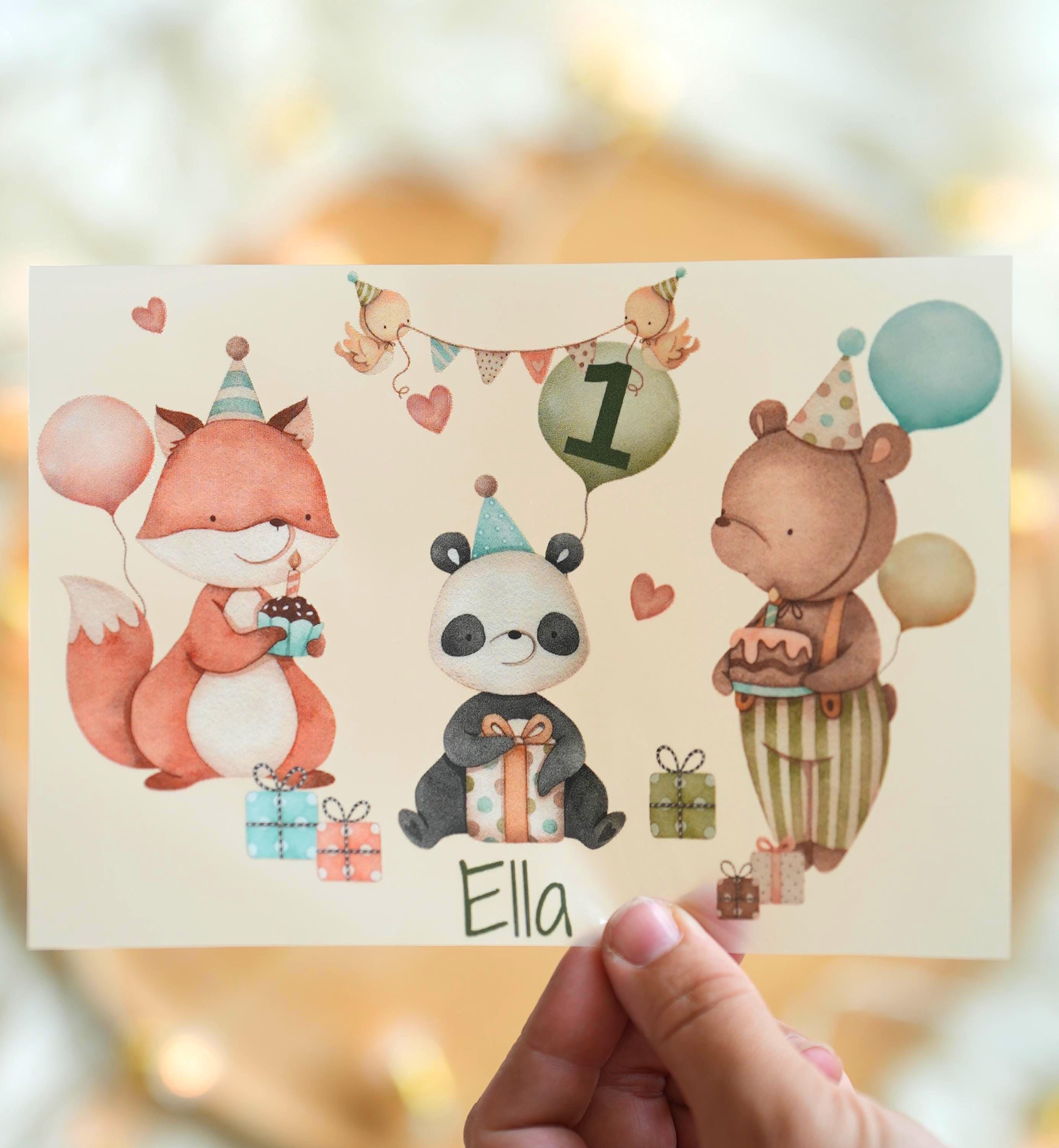 Bügelbild Geburtstag – Fuchs Panda Bär – personalisiert mit Name & Zahl – für farbige Shirts – A4 oder A5 – rosa mint – Appliques & Patches