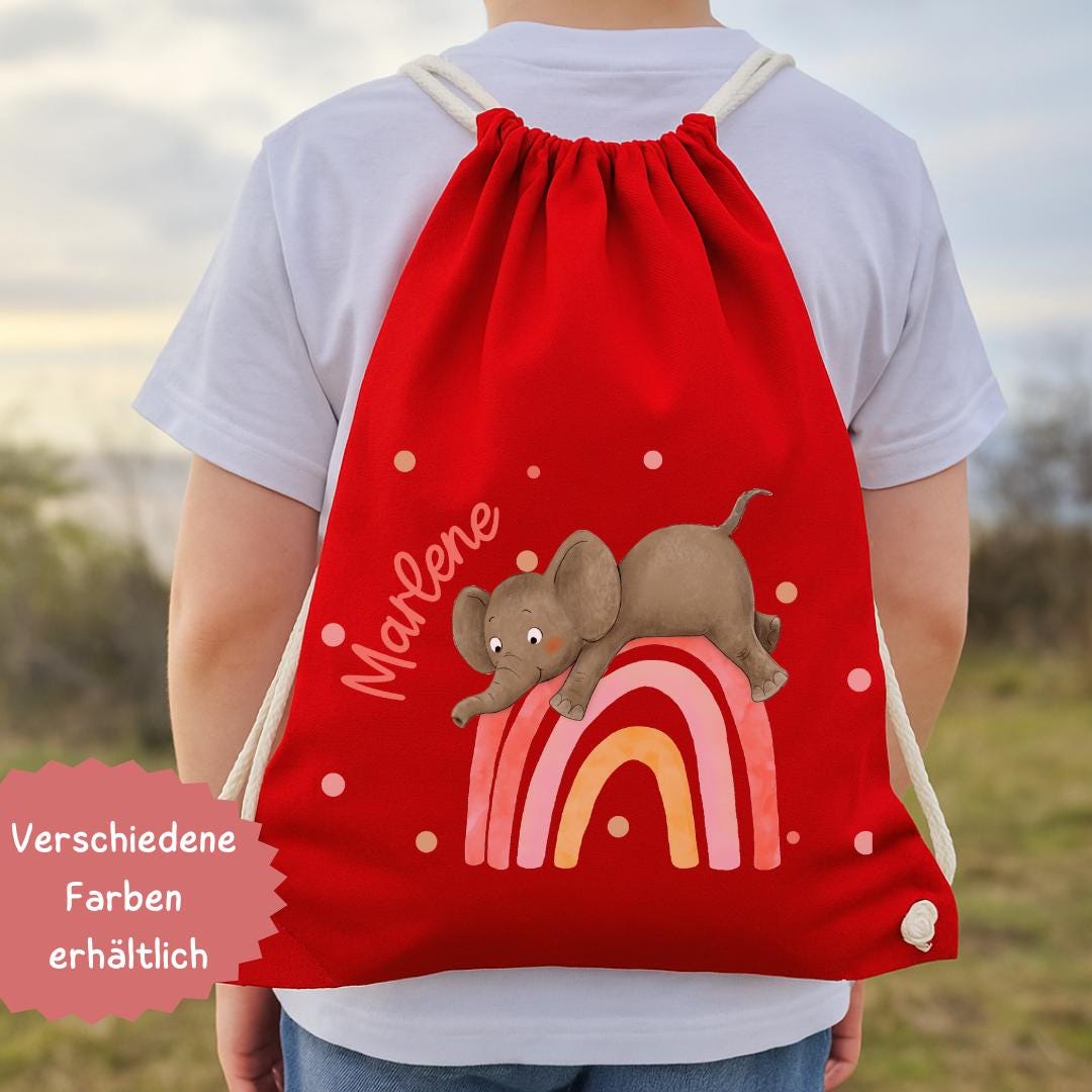 Turnbeutel mit Namen – Regenbogen & Elefant – personalisierter Kita Beutel – Wechselwäschebeutel – Geschenk Einschulung – Team Sports & Gym Bags