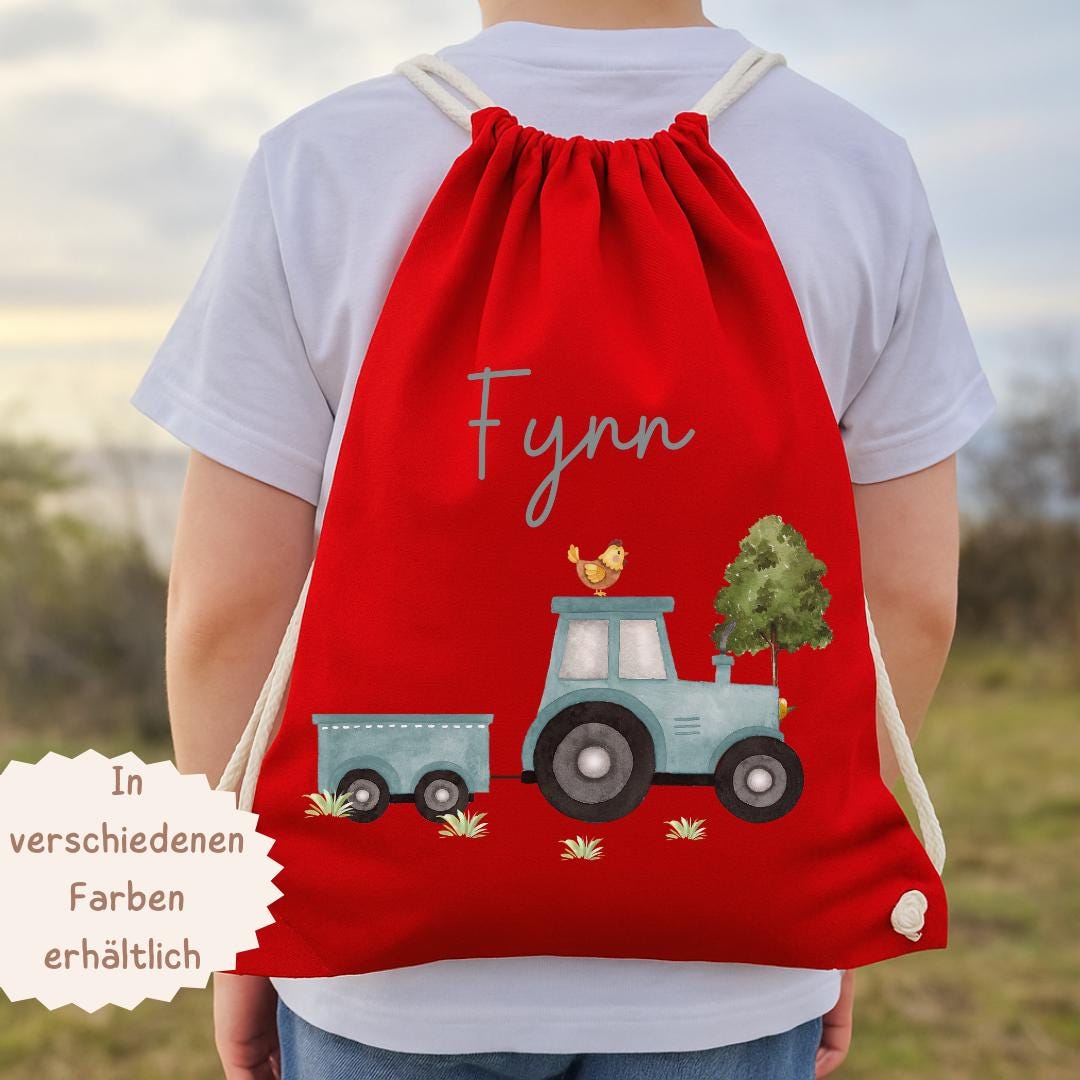 Turnbeutel Traktor mit Name – personalisiert für n – Kita-Beutel für Wechselwäsche – Geschenk zum gartenstart – Baumwolle – Team Sports & Gym Bags