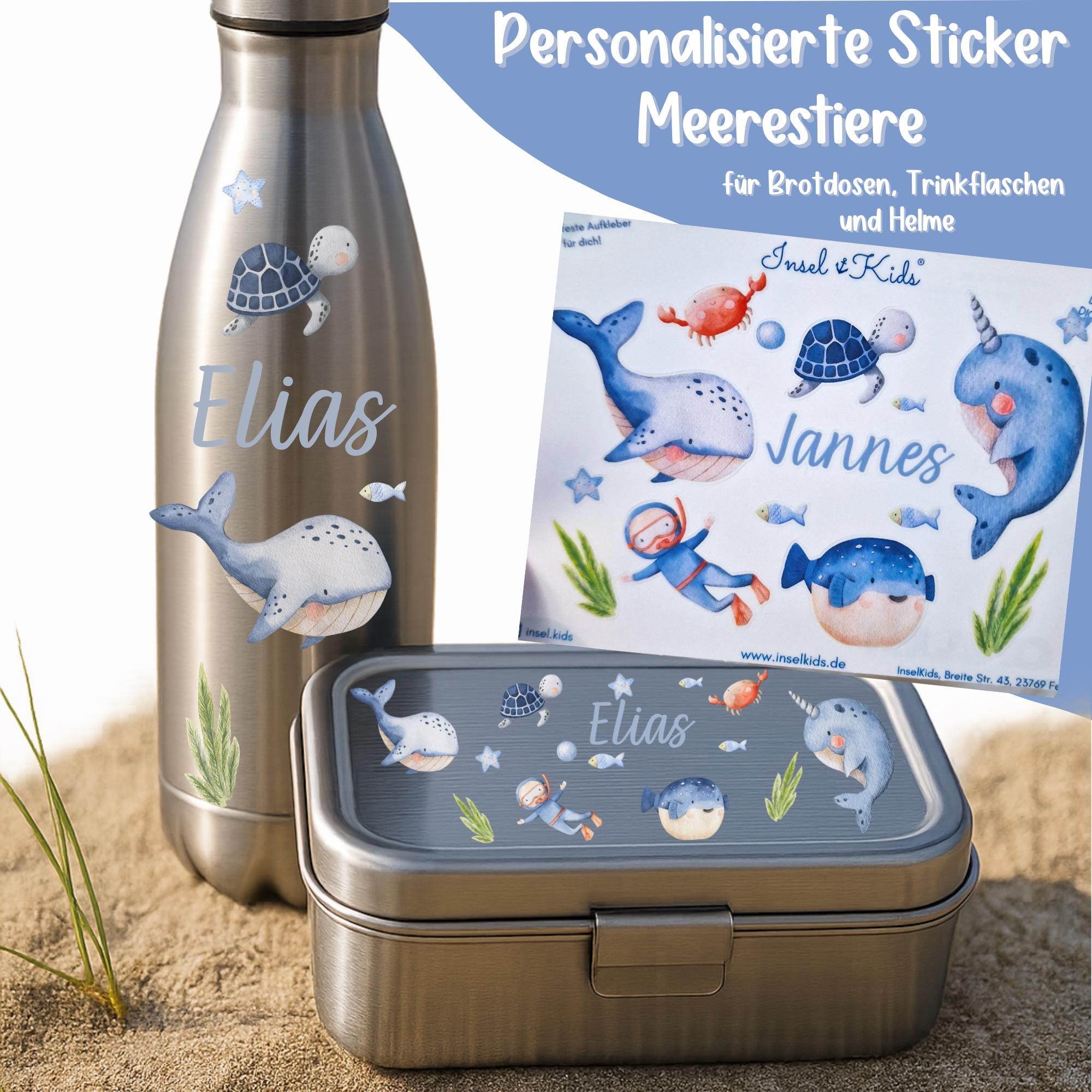 Personalisierte Sticker Meerestiere – Name & Set wählbar – wasserfest und spülmaschinenfest – für Brotdose Trinkflasche Fahrrad – Stickers