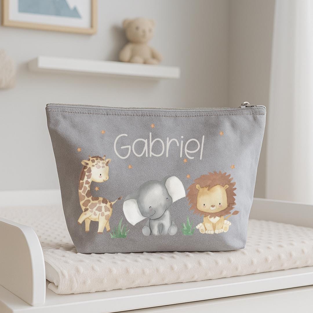Wickeltasche mit Name – personalisierte Windeltasche Safari Tiere – Geschenk zur Geburt Baby – Babytasche Elefant, Löwe, Giraffe – Diaper Caddies