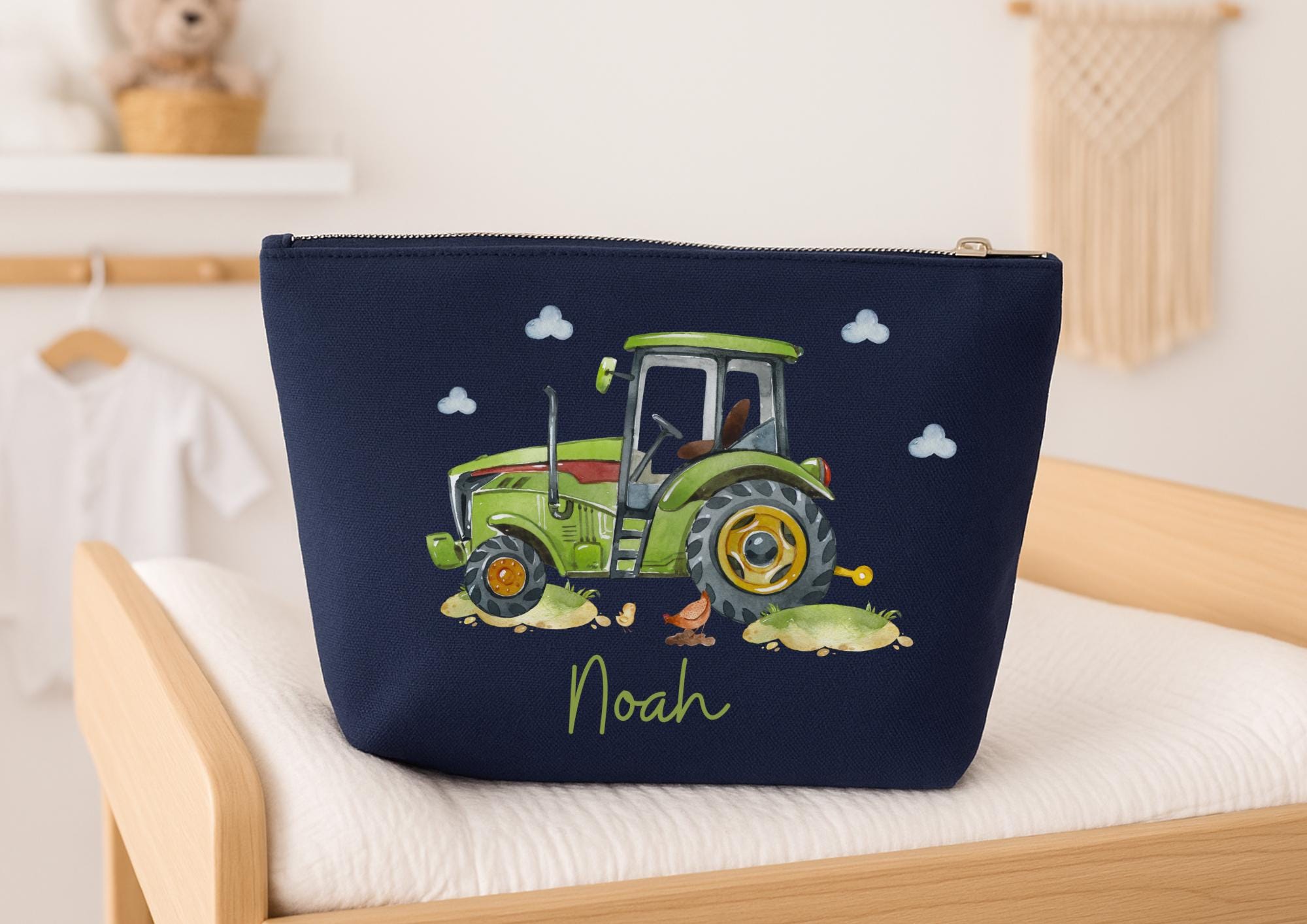 Wickeltasche mit Namen – personalisierte Traktor-Tasche für – Windeltasche Geschenk zur Geburt – Bauernhof Motiv Baby – Diaper Caddies