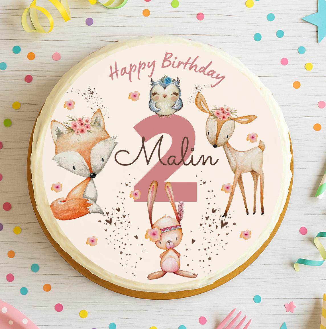 Tortenaufleger rosa Waldtiere personalisiert – Geburtstag – Fondantbild Fuchs Reh Hase – Waldgeburtstag – Party Decor
