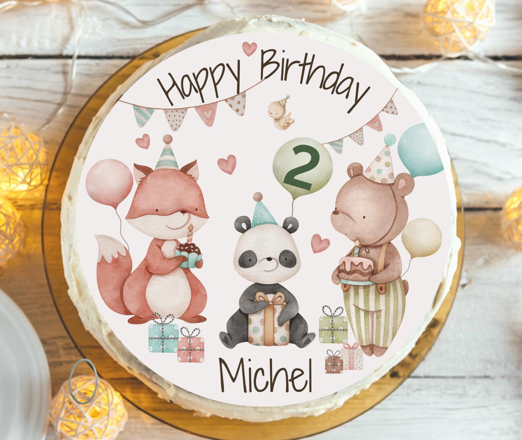 Tortenaufleger Geburtstag Tiere – personalisiert mit Name & Zahl – Fondantbild Fuchs Panda Bär – essbar für und n – Party Decor