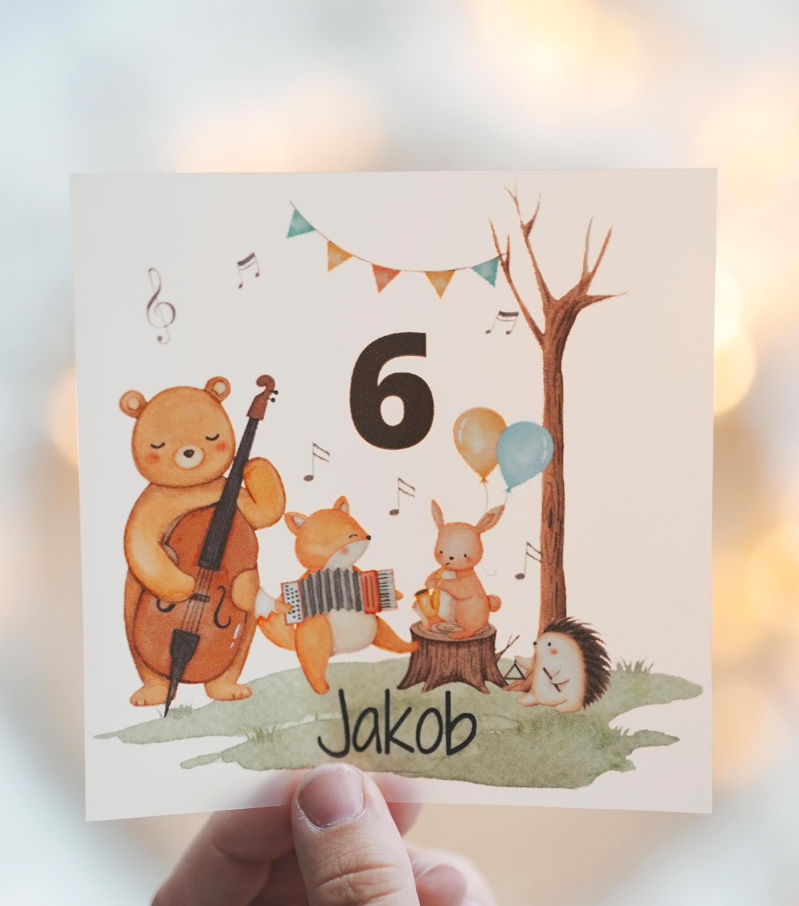 Bügelbild Waldtiere mit Musik – personalisiert mit Name & Zahl – Geburtstagsshirt Fuchs Hase Bär – A4 oder A5 für bunte Stoffe – Appliques & Patches