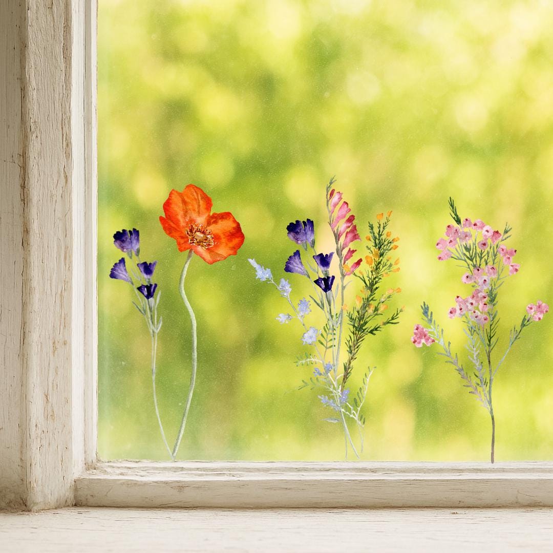 Fensterbild Blumen – statisch haftend & wiederverwendbar – Wildblumen – Fensterdeko Frühling und Sommer – Fenstersticker Küche zimmer – 