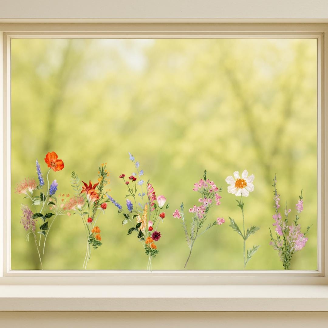 Fensterbild Blumen – statisch haftend & wiederverwendbar – Wildblumen – Fensterdeko Frühling und Sommer – Fenstersticker Küche zimmer – 