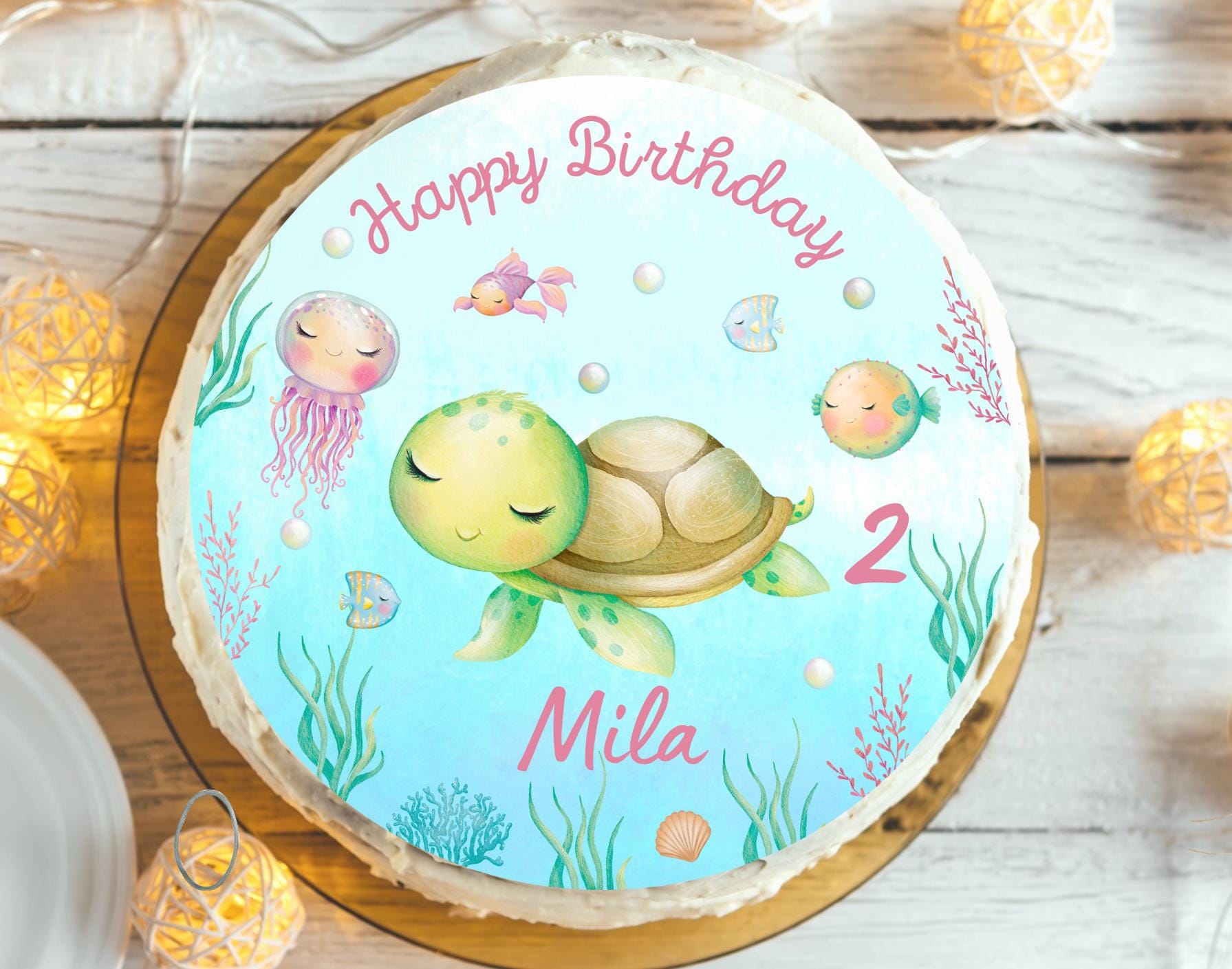 Tortenaufleger Unterwasser rosa – Fondantbild Geburtstag mit Name & Zahl – Schildkröte, Fische, Korallen – – Party Decor