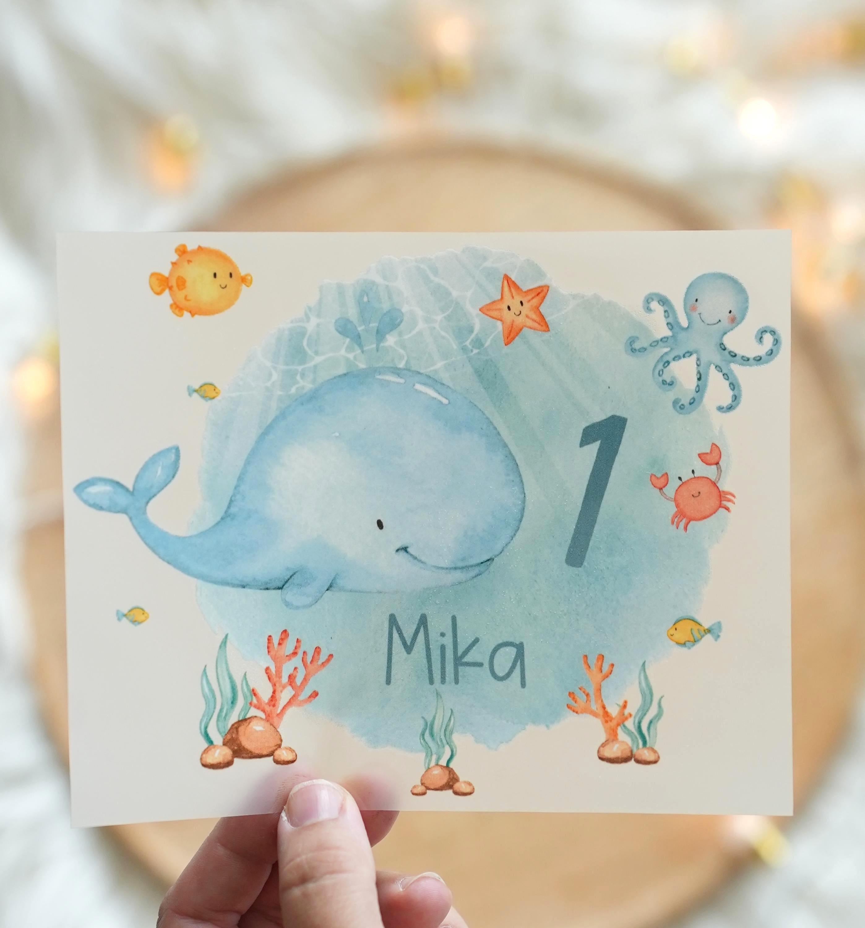 Bügelbild Wal Unterwasser Geburtstag – personalisiert mit Name & Zahl – Meeresmotiv für – DTF für – Appliques & Patches