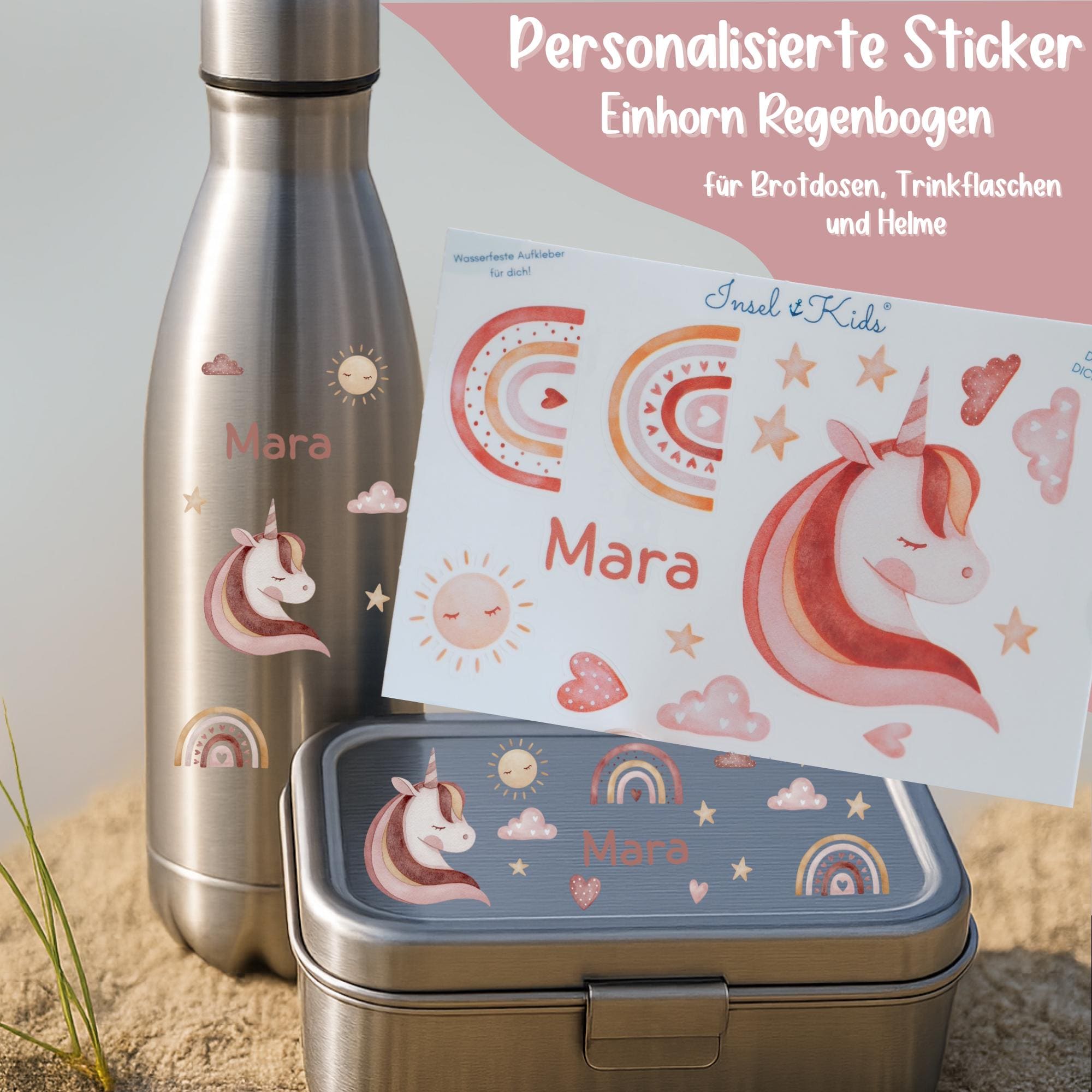 Sticker Einhorn mit Name – personalisiert & spülmaschinenfest – für Brotdose, Trinkflasche, Schultüte – Aufkleber A6–A4 – Stickers