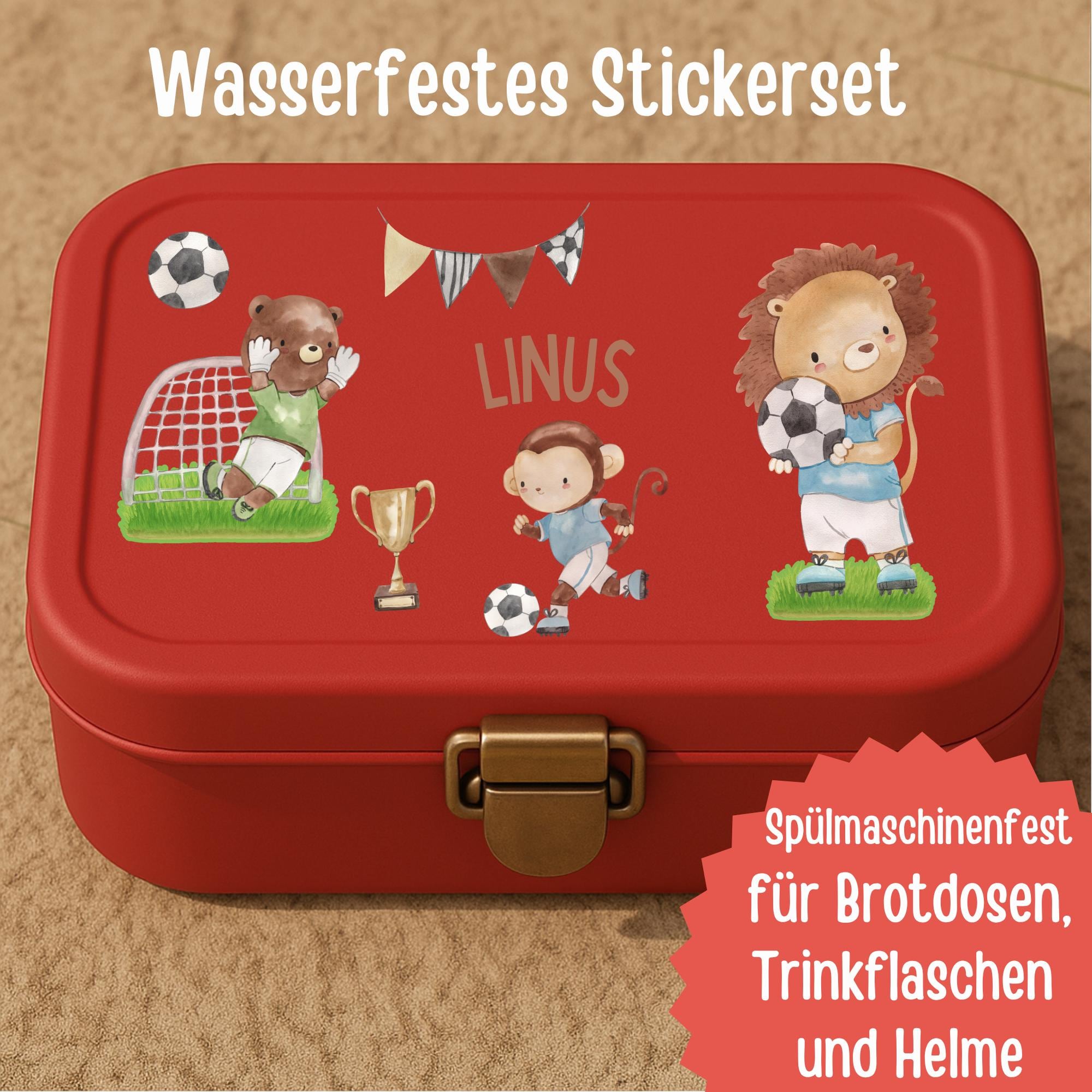 Sticker Fußball Tiere – personalisiert mit Name – wasserfest & spülmaschinenfest – für Brotdose, Flasche, Kita – A6–A4 Set – Stickers