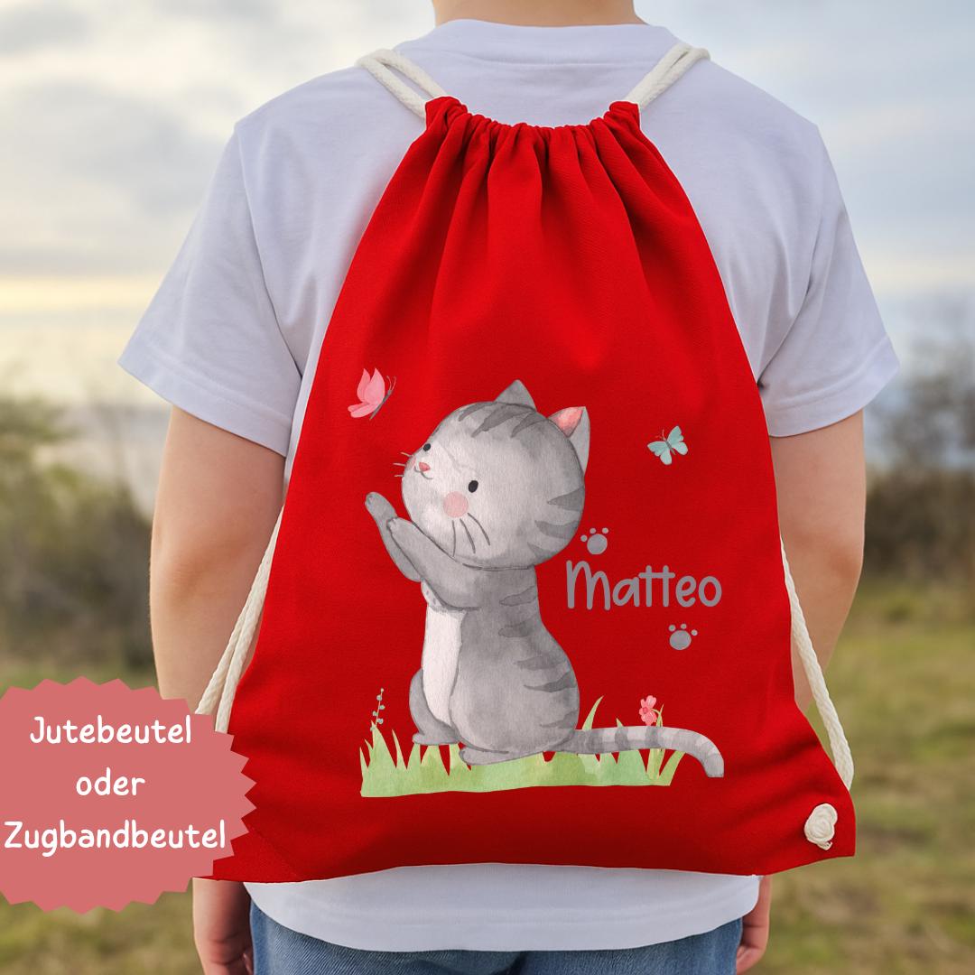 Turnbeutel Katze personalisiert – mit Namen – Schmetterling – Kita Tasche für Wechselwäsche – Team Sports & Gym Bags