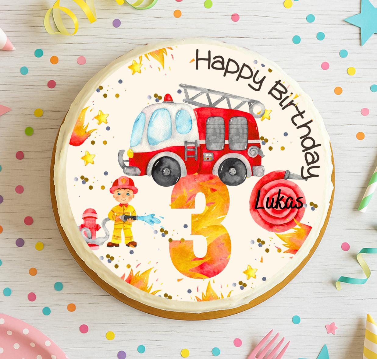 Tortenaufleger Feuerwehr – mit großer Zahl & Name – für geburtstag – essbar – 20 cm – personalisiert – Party Decor