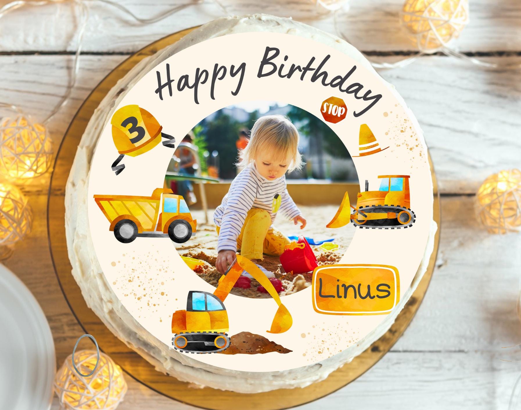 Tortenaufleger mit Foto – personalisiertes für – Baustellenparty mit Stoppschild & Bagger – Fondantbild – Party Decor