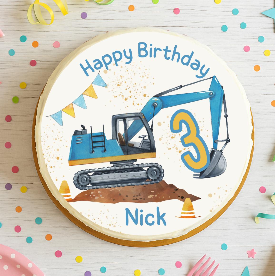 Tortenaufleger blauer Bagger – personalisiert mit Name & Zahl – Fondantbild Geburtstag – moderne Baustellen-Deko für – Party Decor