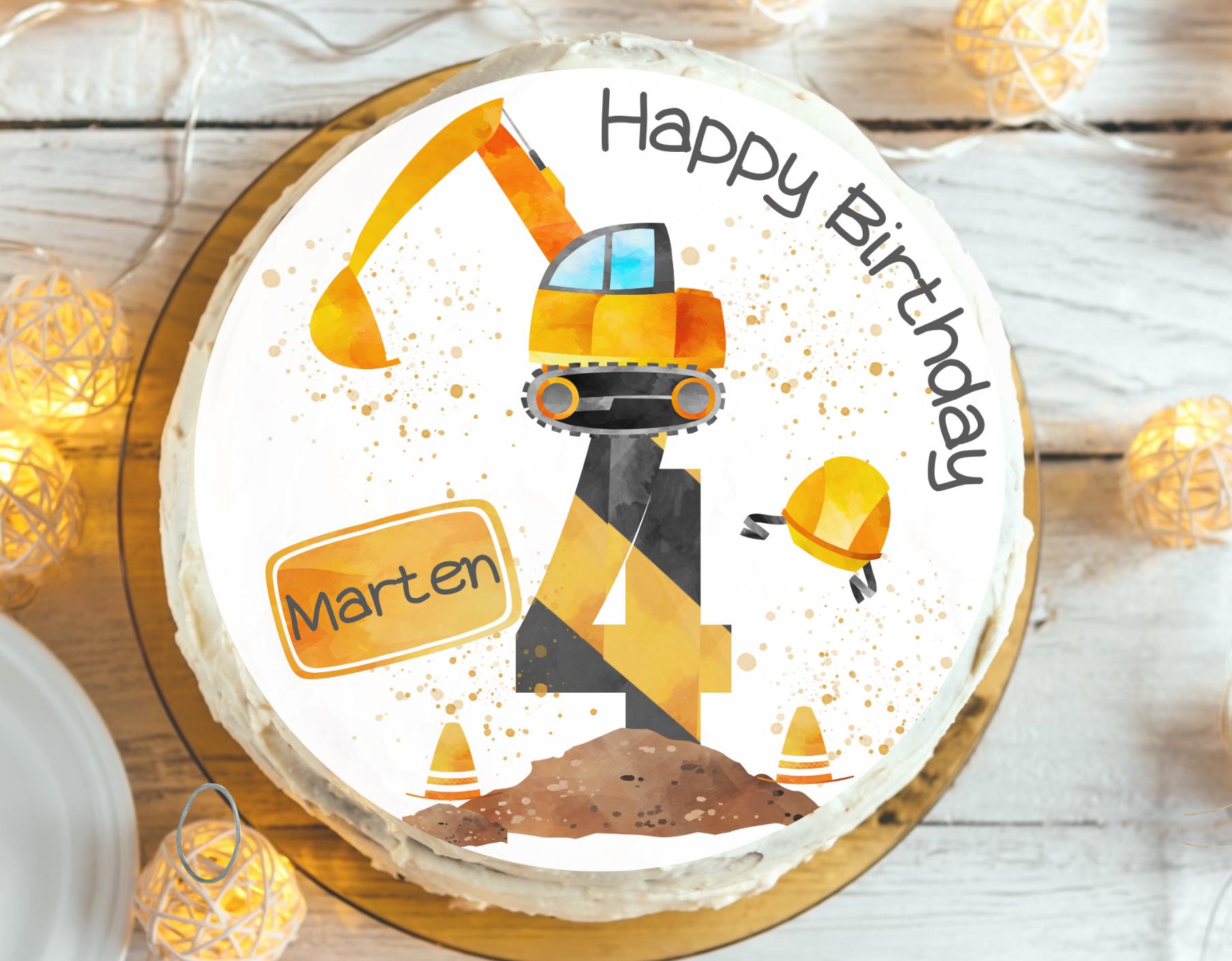 Tortenaufleger mit Zahl & Name – personalisiert – Bagger- für n – Baustellen-Fondantbild Geburtstag – jede Zahl wählbar – Party Decor