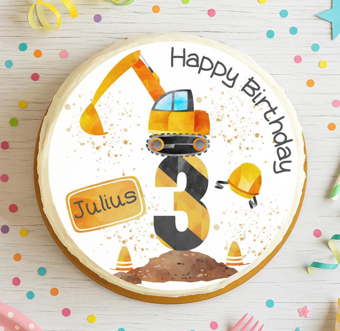 Tortenaufleger mit Zahl & Name – personalisiert – Bagger- für n – Baustellen-Fondantbild Geburtstag – jede Zahl wählbar – Party Decor