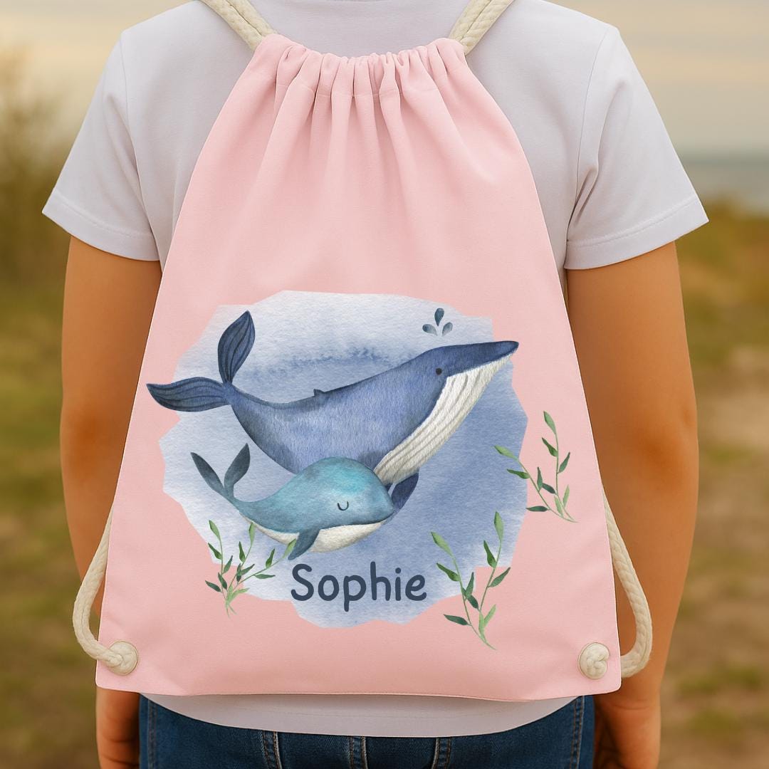 Turnbeutel Wal mit Name – personalisiert – für – Kita Tasche zur Einschulung – Wechselwäschebeutel garten – Team Sports & Gym Bags