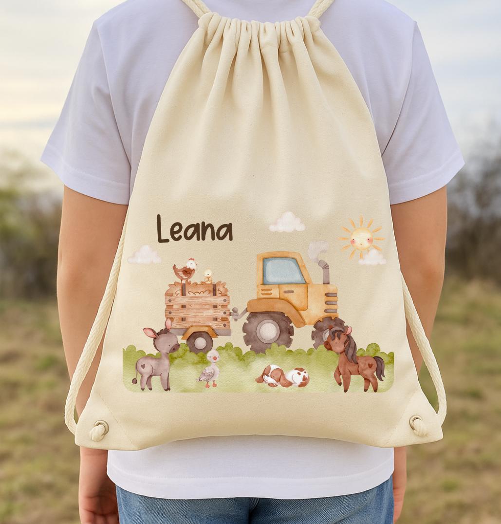 Turnbeutel Bauernhof mit Name – personalisiert – Traktor & Tiere – Kita Beutel für – Wechselwäschebeutel – Einschulung Geschenk – Team Sports & Gym Bags
