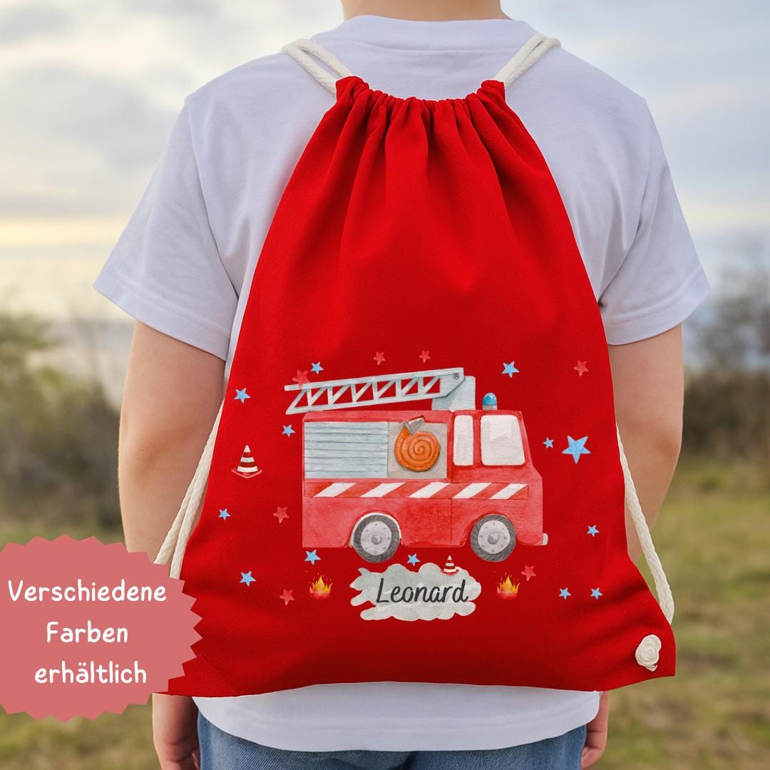 Turnbeutel Feuerwehr mit Namen – personalisiert – Feuerwehrauto Beutel Kita Schule – Geschenk Einschulung Wechselwäsche – Team Sports & Gym Bags