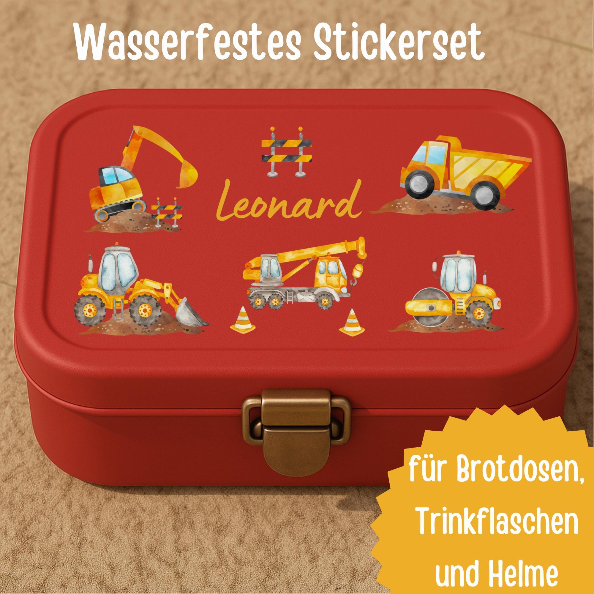 Sticker mit Namen Baufahrzeuge – personalisiertes Baustellen-Sticker Set für Kinder – Radlader Bagger Kran – spülmaschinengeeignet – Stickers