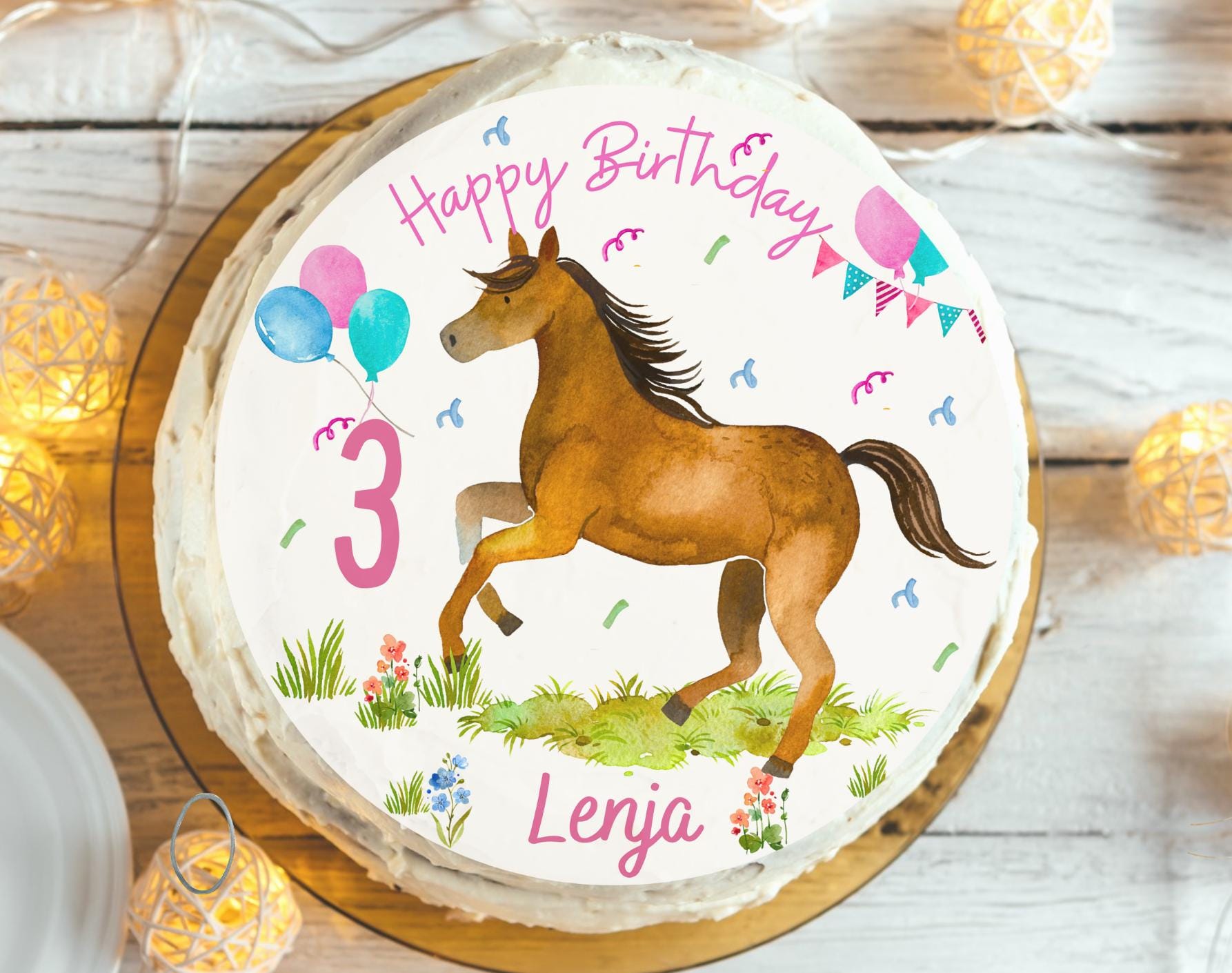 Tortenaufleger Pony rosa – personalisiert mit Name & Zahl – Fondantbild für – Geburtstagstorte – essbar – Ø 20 cm – Party Decor