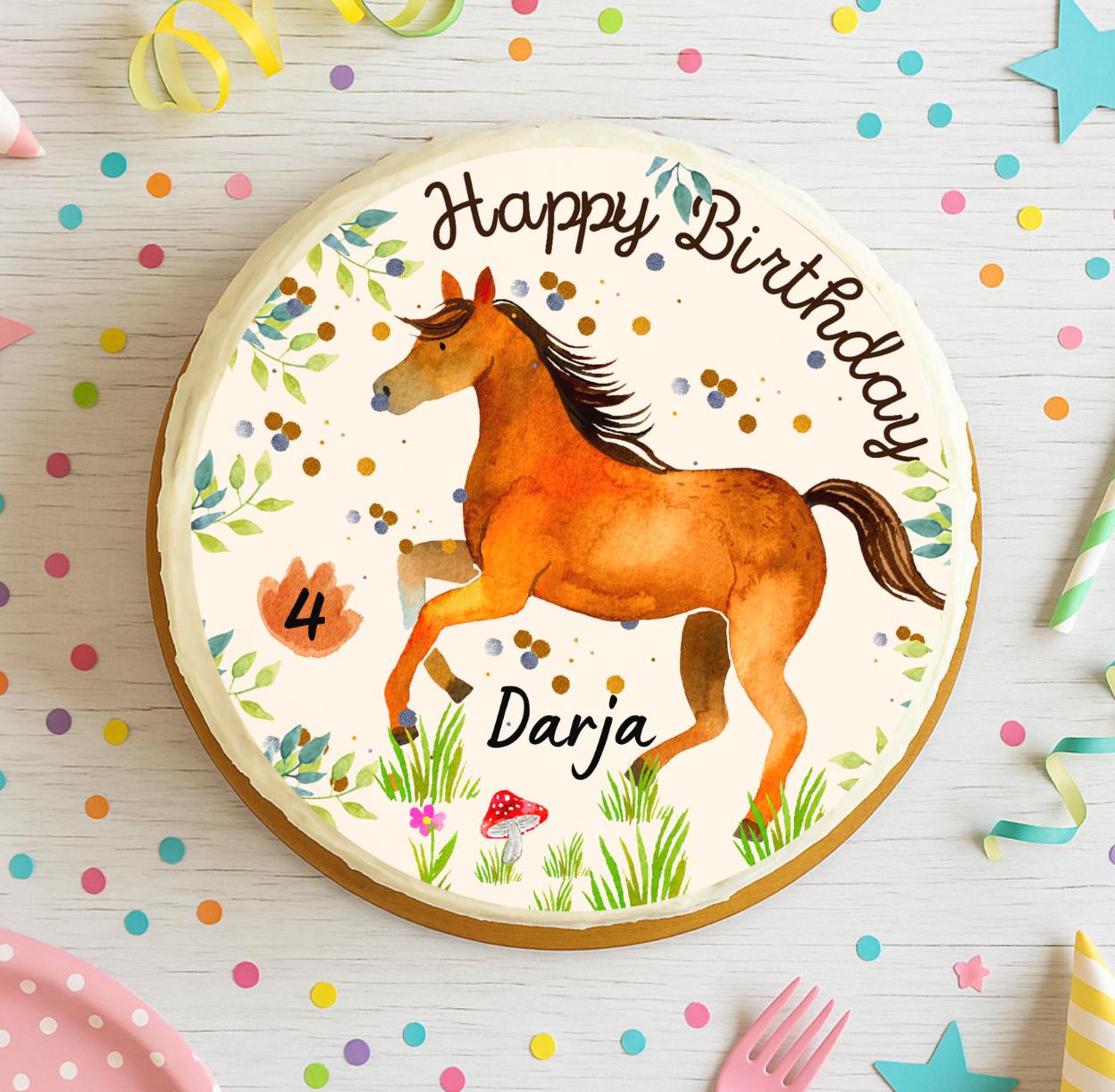 Tortenaufleger Pferd Naturstil – personalisiert mit Name & Zahl – Fondantbild für Geburtstag – essbar – oder unisex – Ø 20 cm – Party Decor