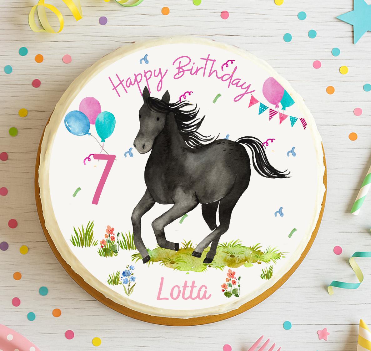 Tortenaufleger Pony Party – schwarzes Pferd mit Ballons – personalisiert mit Name & Zahl – Fondantbild Geburtstag – essbar – Ø 20 cm – Party Decor