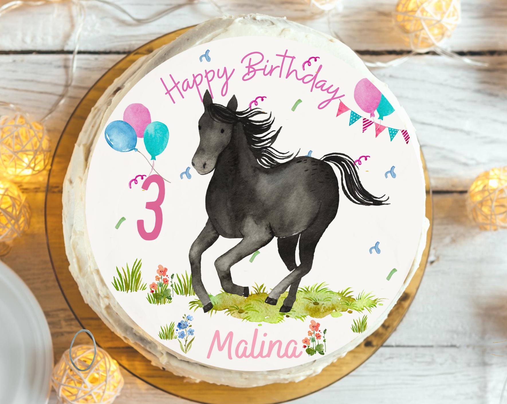 Tortenaufleger Pony Party – schwarzes Pferd mit Ballons – personalisiert mit Name & Zahl – Fondantbild Geburtstag – essbar – Ø 20 cm – Party Decor