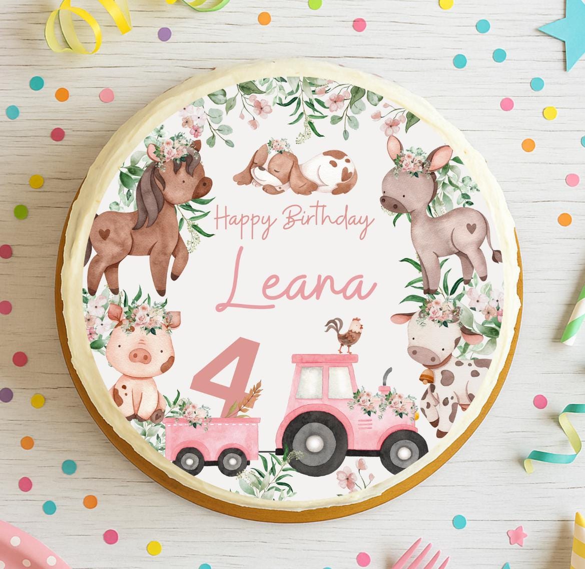 Tortenaufleger rosa Traktor – Bauernhof Tiere mit Blumen – personalisiert mit Name & Zahl – Fondantbild für – Ø 20 cm – Party Decor