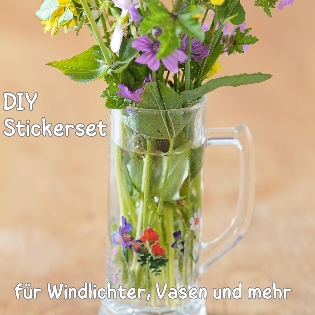 Wildblumen Sticker Set – wasserfest & spülmaschinenfest – Vinyl Aufkleber Boho Blumen – für Glas, Flasche, Brotdose und als Geschenk – Stickers