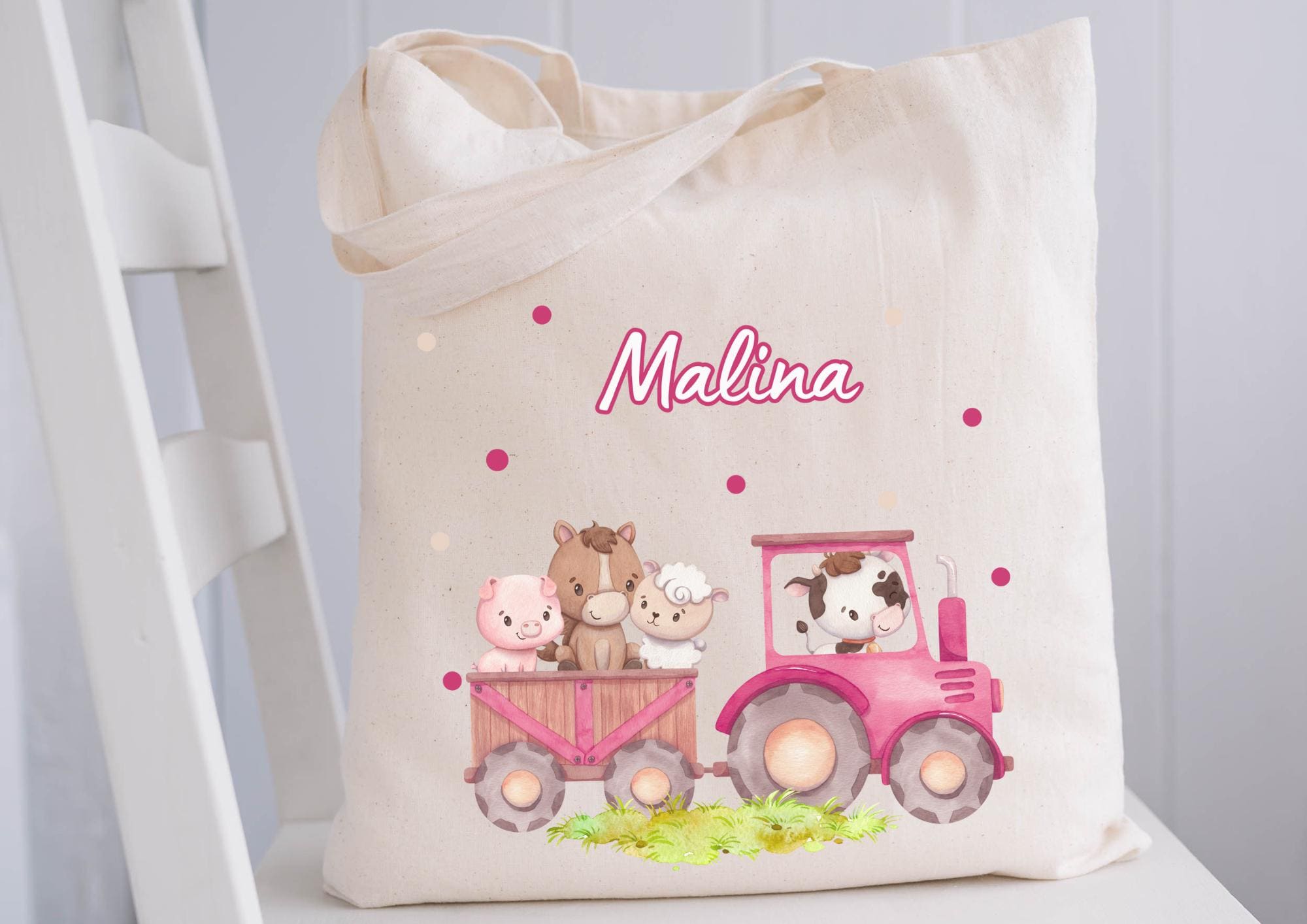 Turnbeutel rosa Traktor mit Tieren – personalisiert mit Namen – Geschenk für – gartentasche Bauernhof Style – Team Sports & Gym Bags