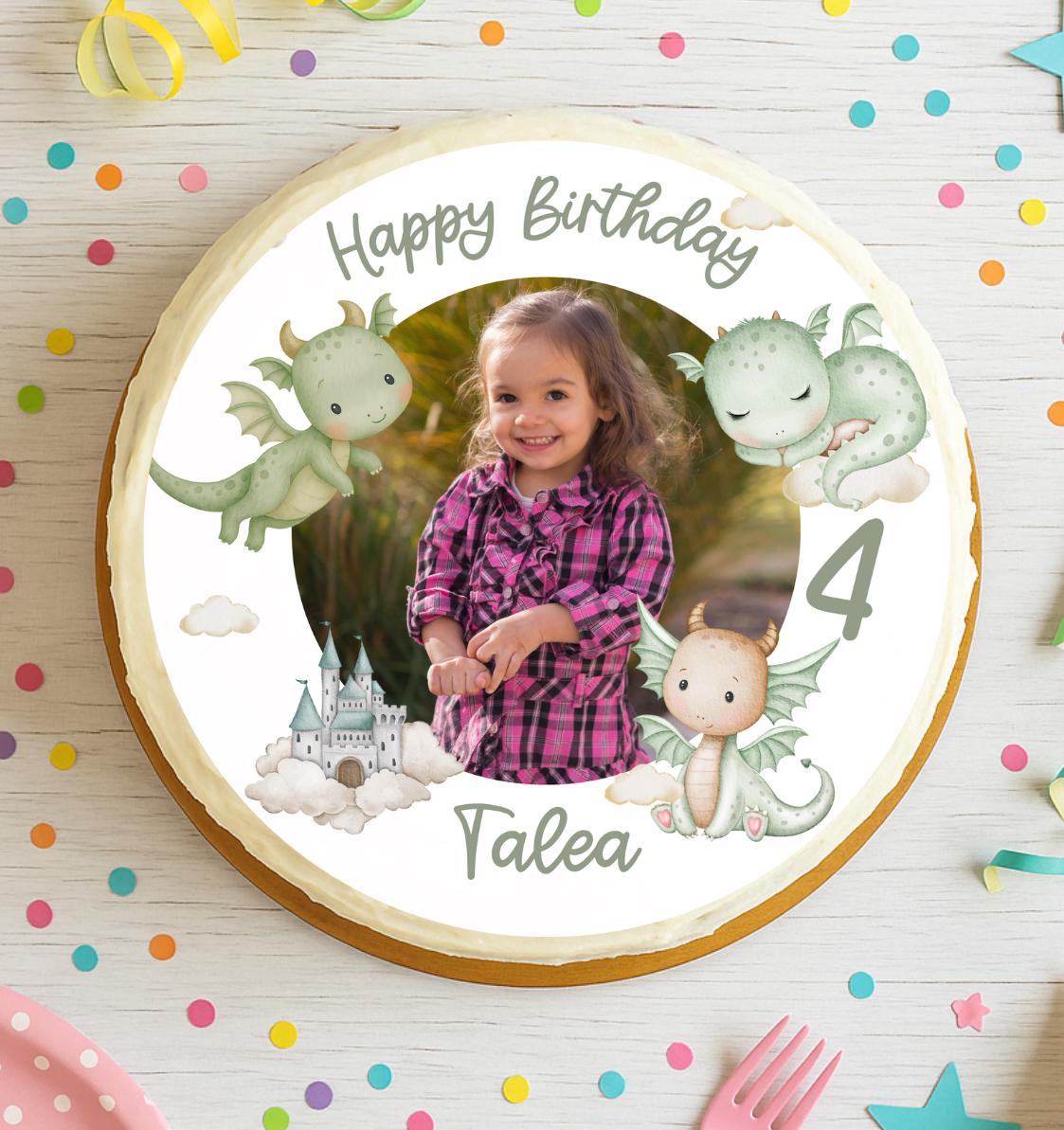 Tortenaufleger mit Foto & Name – Fondantbild Drache und Schloss – personalisierte Tortendeko Geburtstag – Zahl wählbar – Party Decor