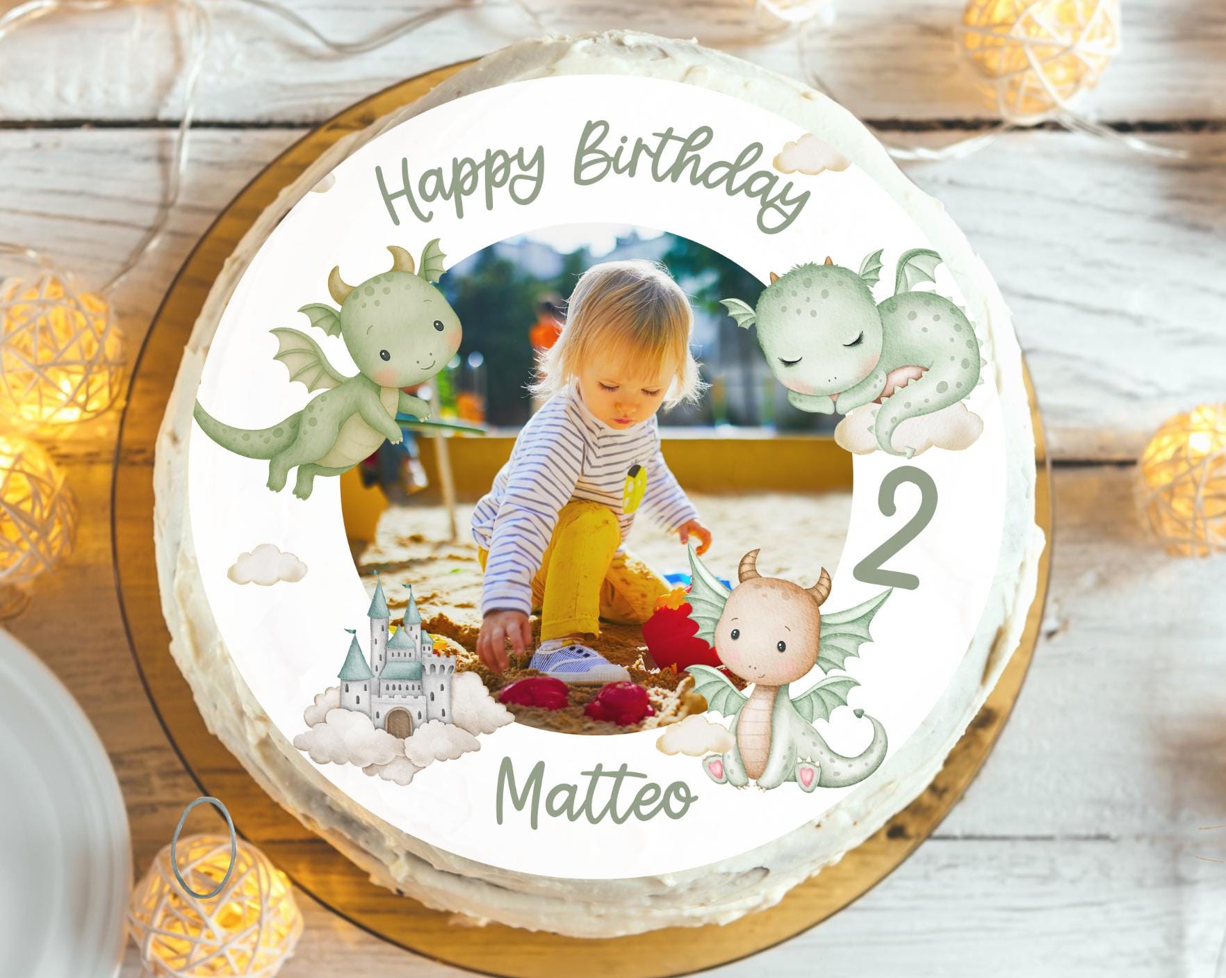 Tortenaufleger mit Foto & Name – Fondantbild Drache und Schloss – personalisierte Tortendeko Geburtstag – Zahl wählbar – Party Decor